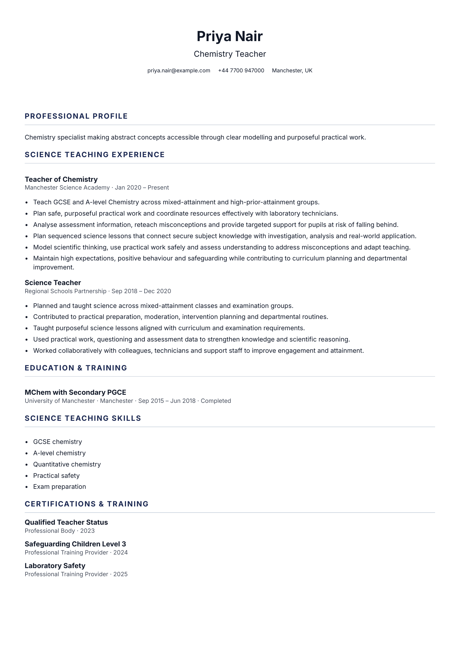 Chemistry Teacher CV template