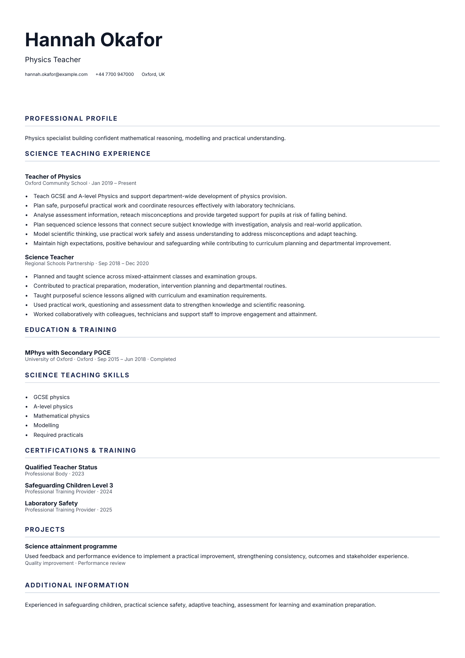 Physics Teacher CV template