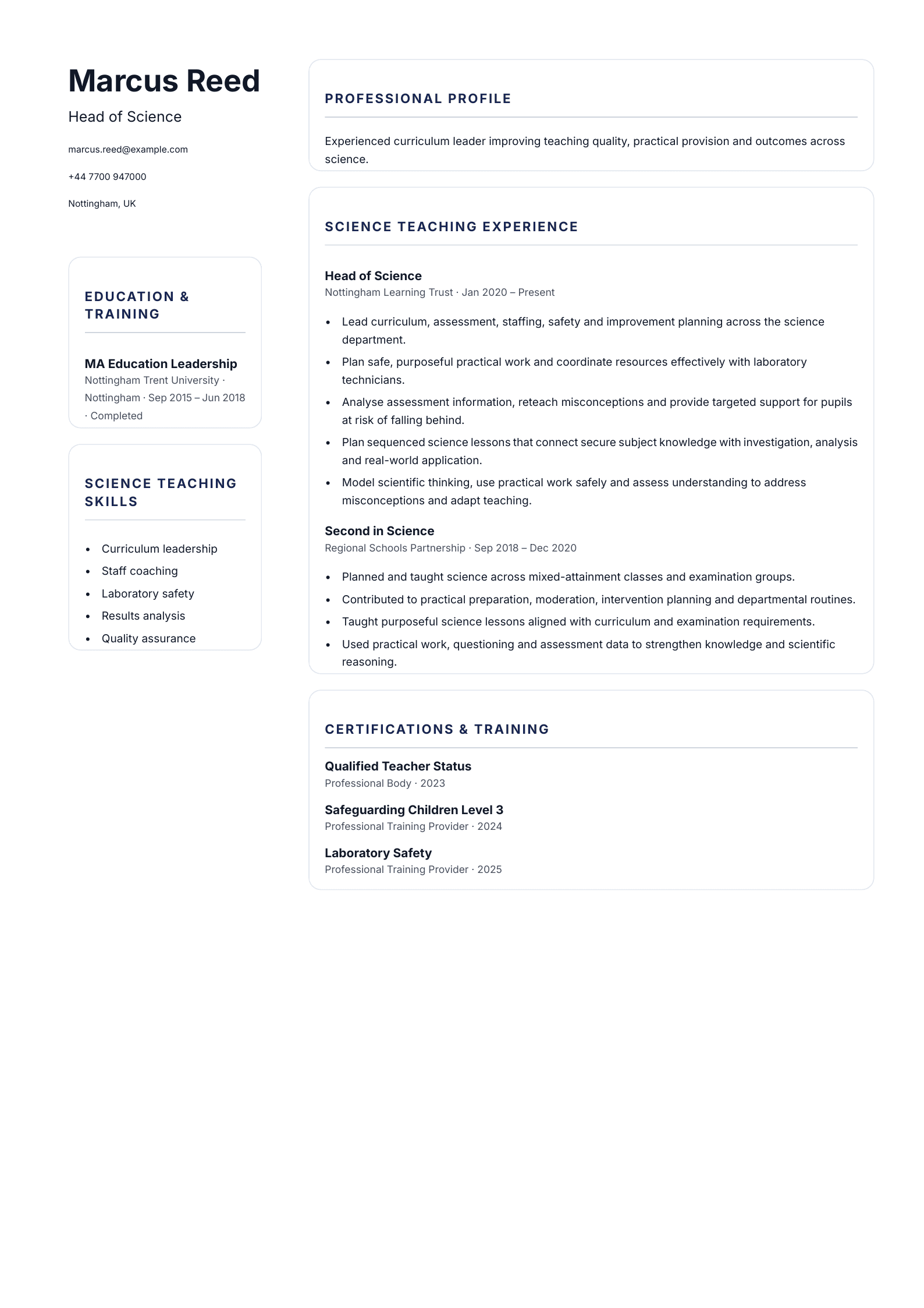 Head of Science CV template