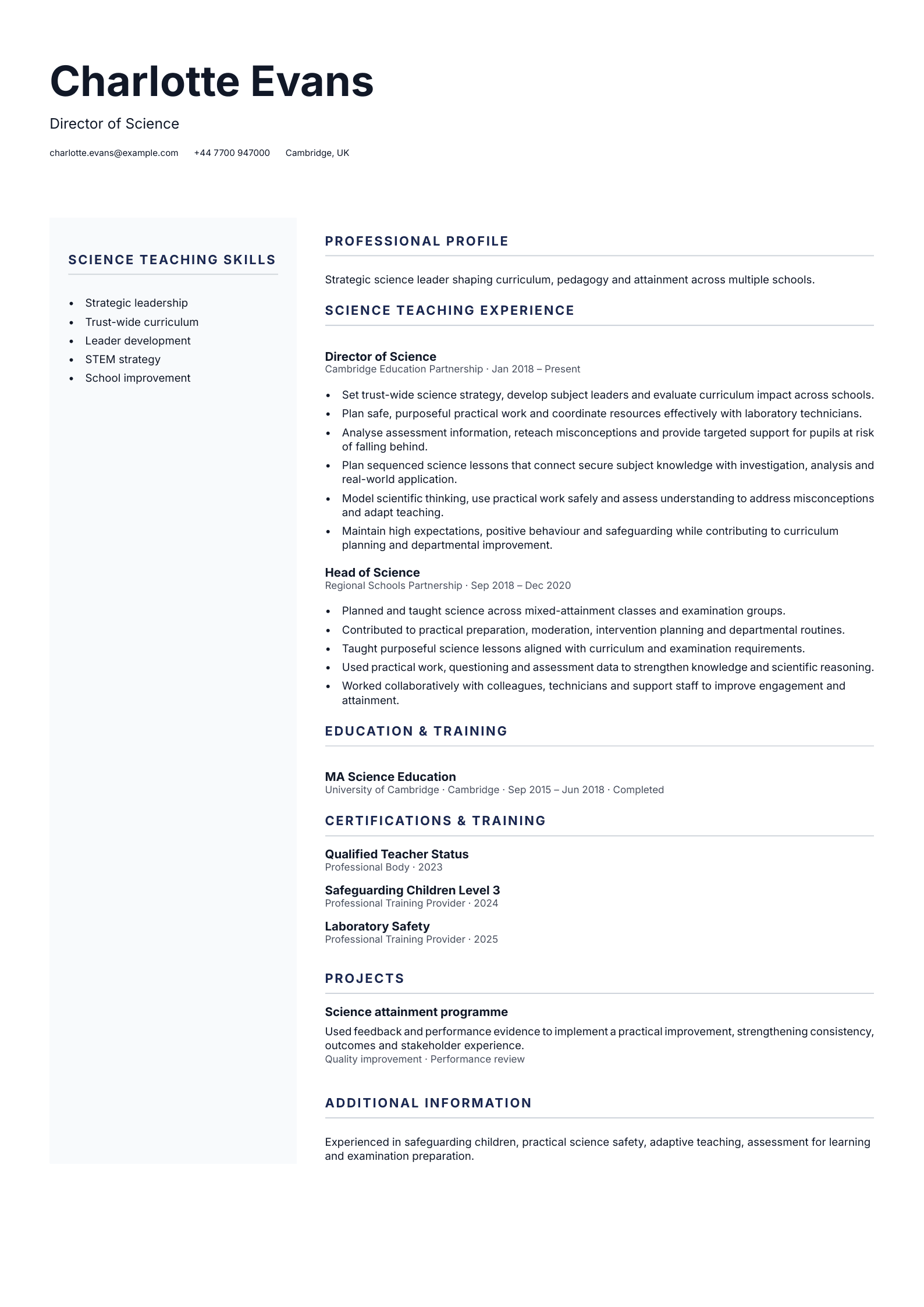 Director of Science CV template