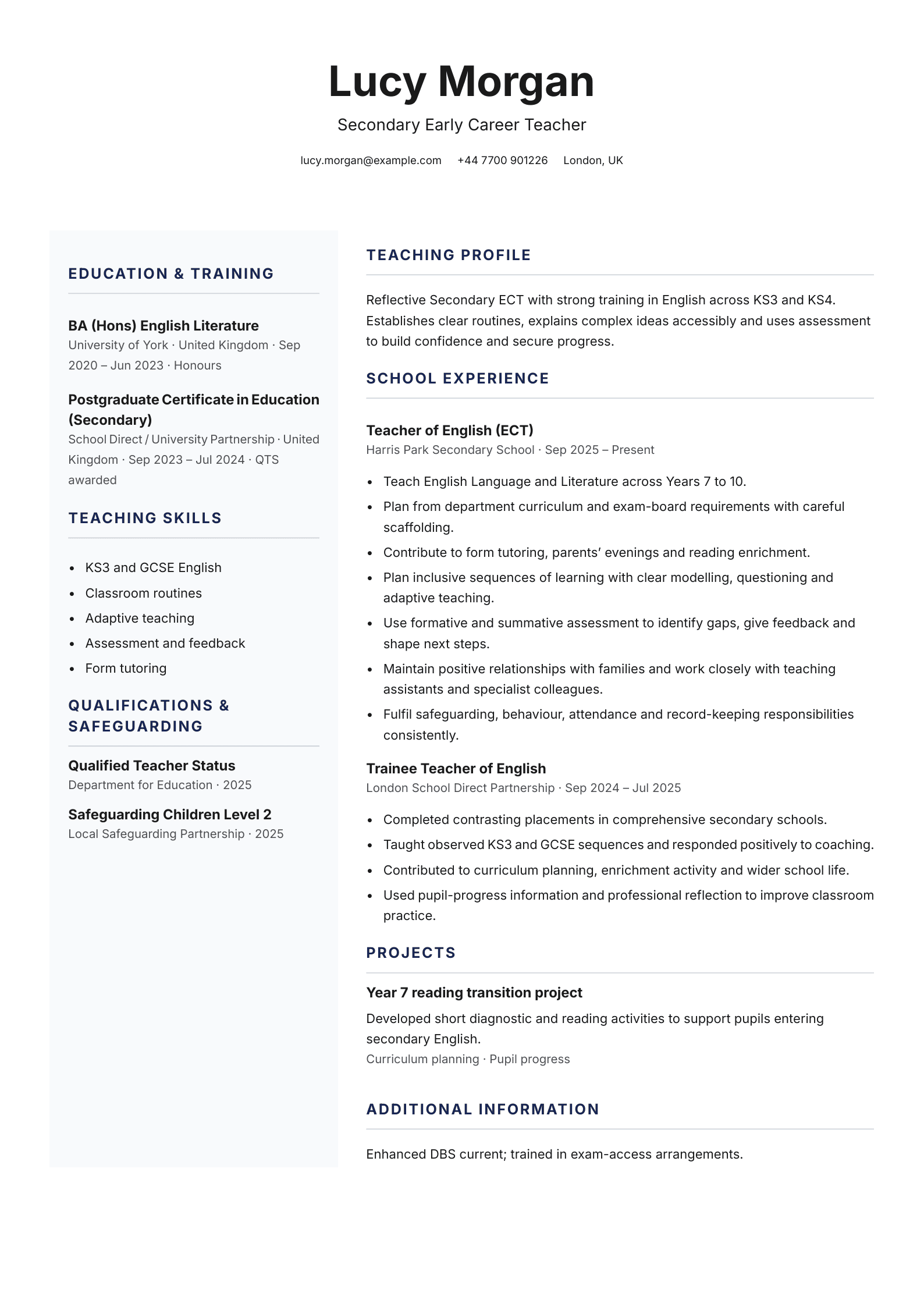 Secondary Early Career Teacher CV template
