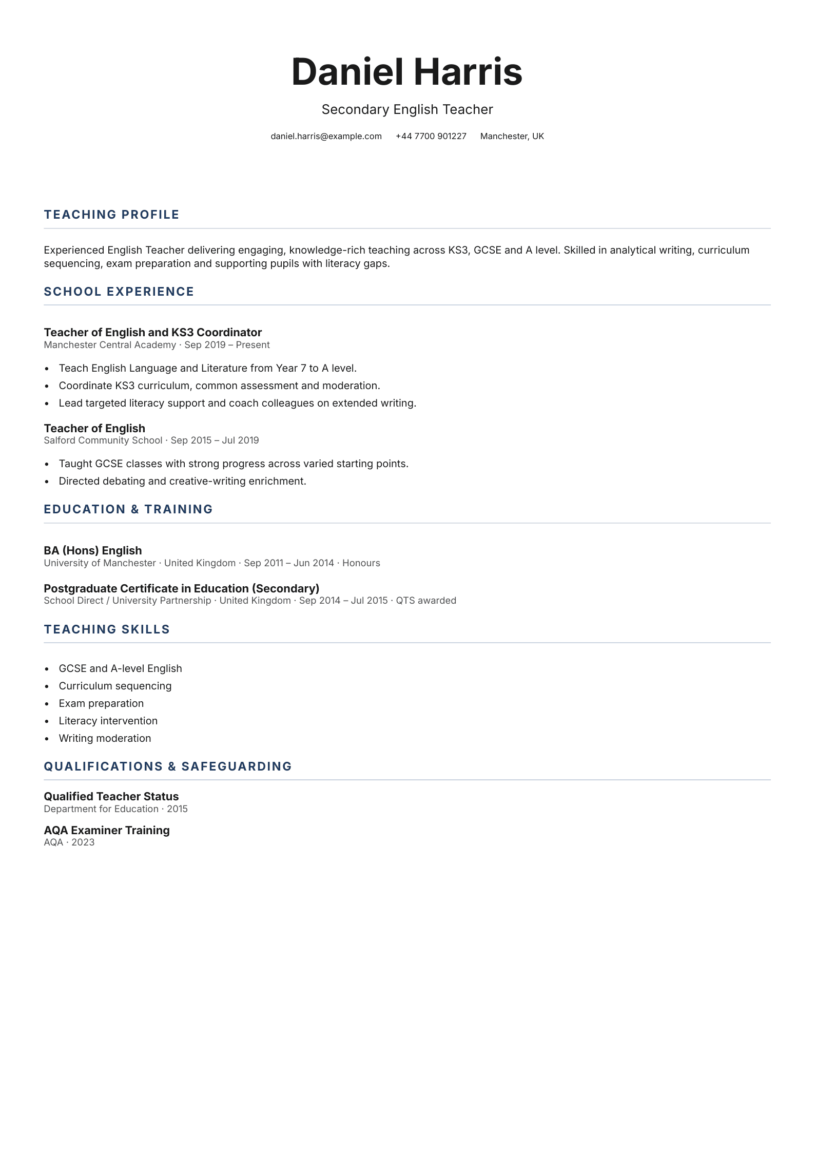 Secondary English Teacher CV template