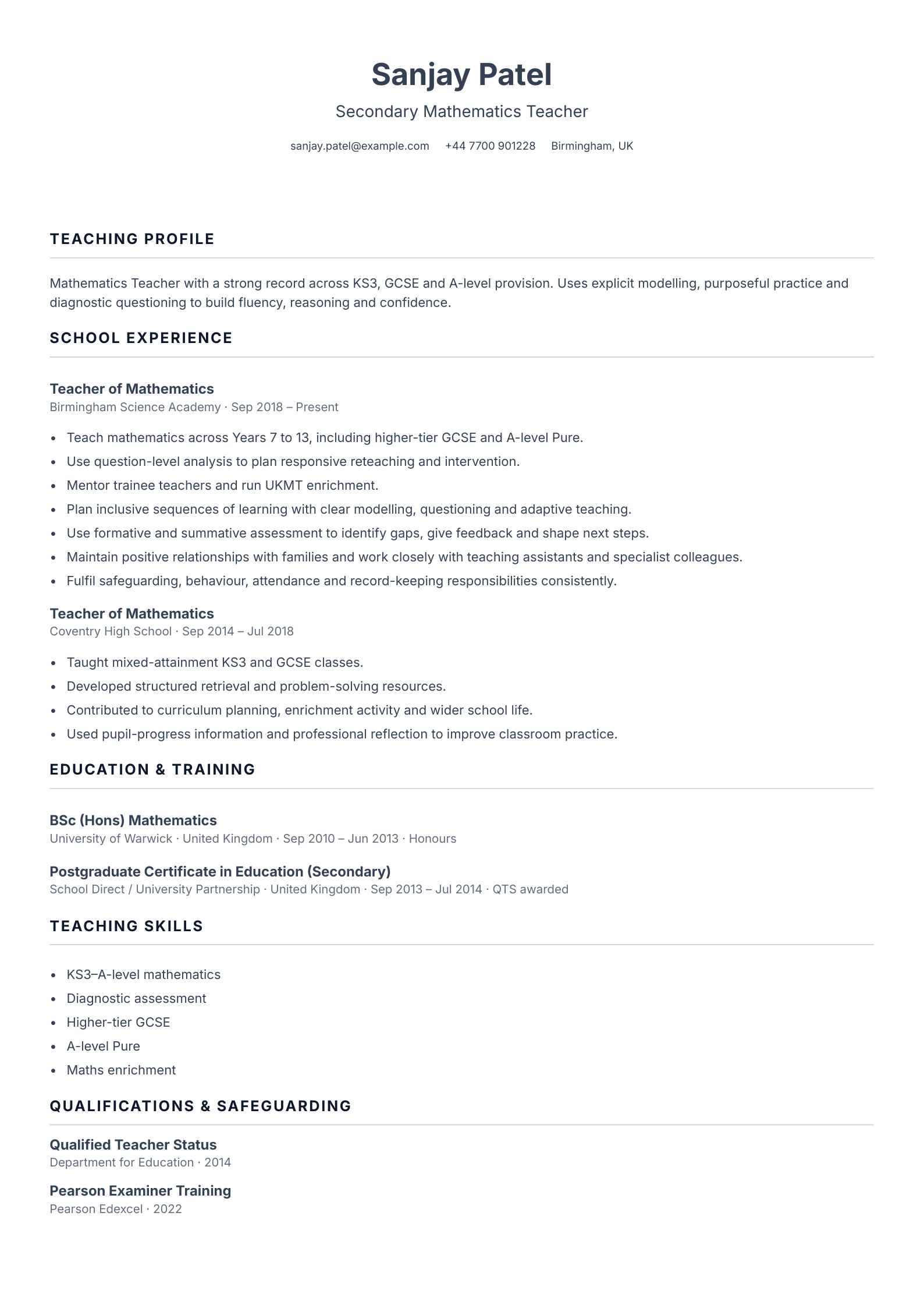 Secondary school teacher CV