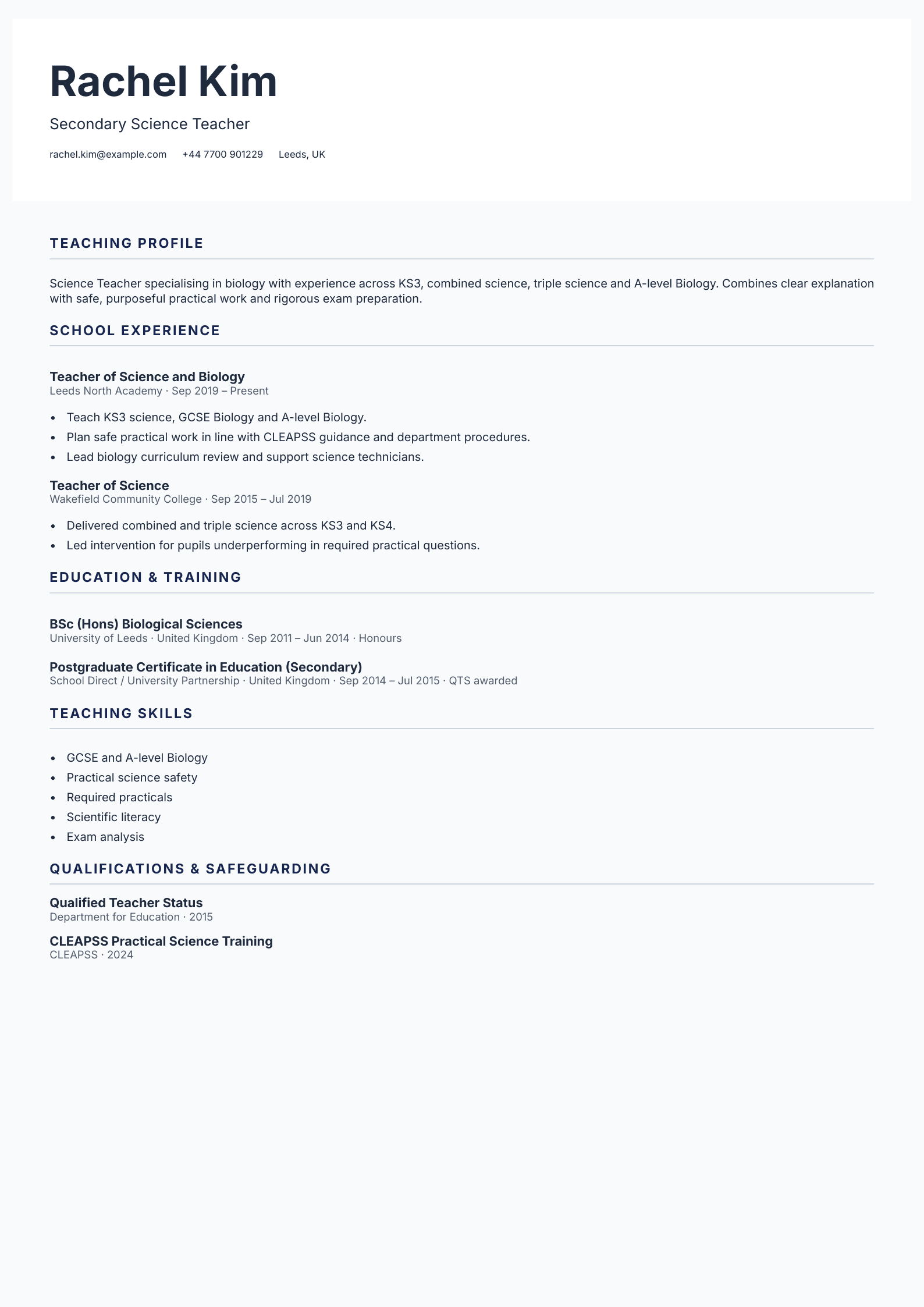 Secondary Science Teacher CV template