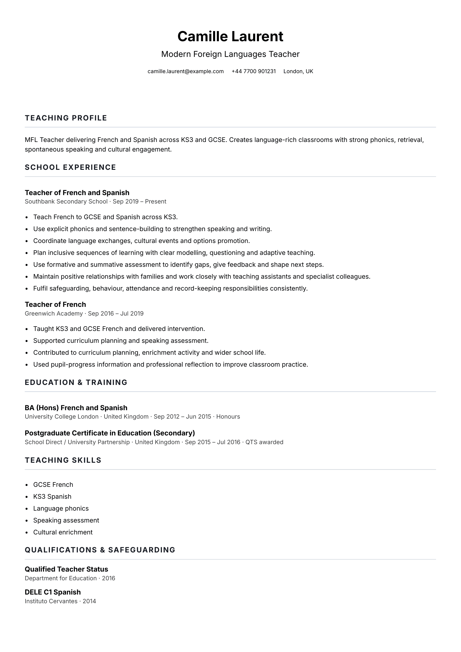 Modern Foreign Languages Teacher CV template