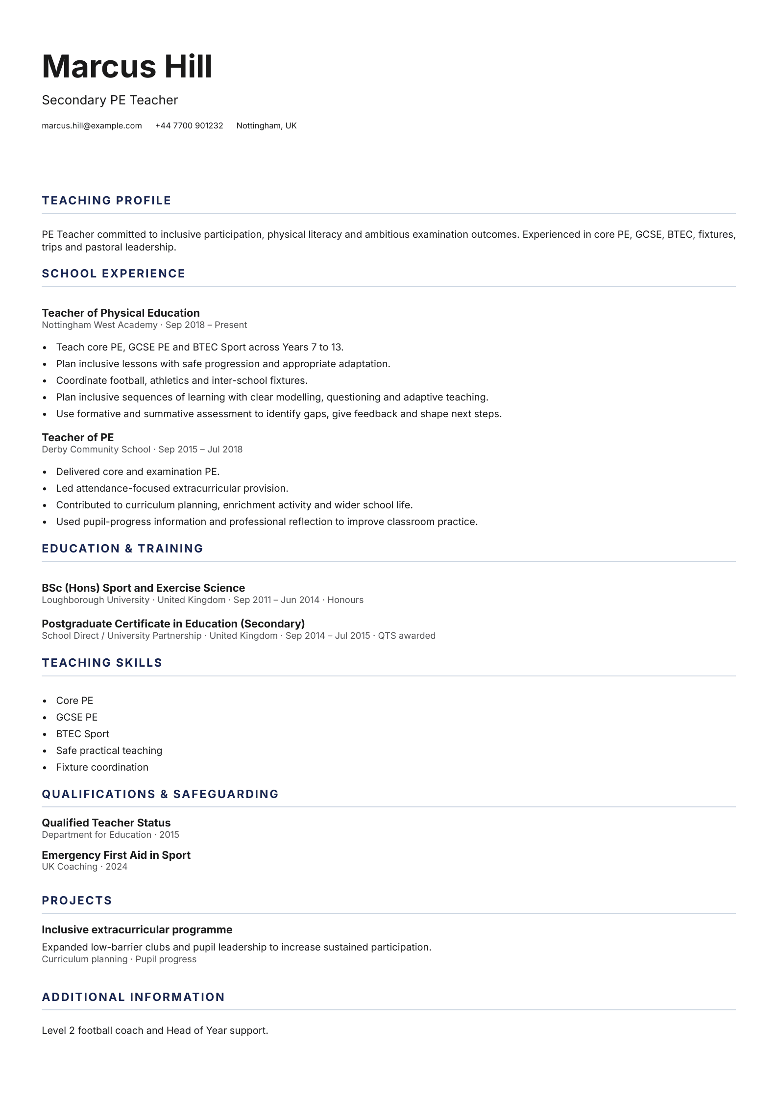 Secondary PE Teacher CV template