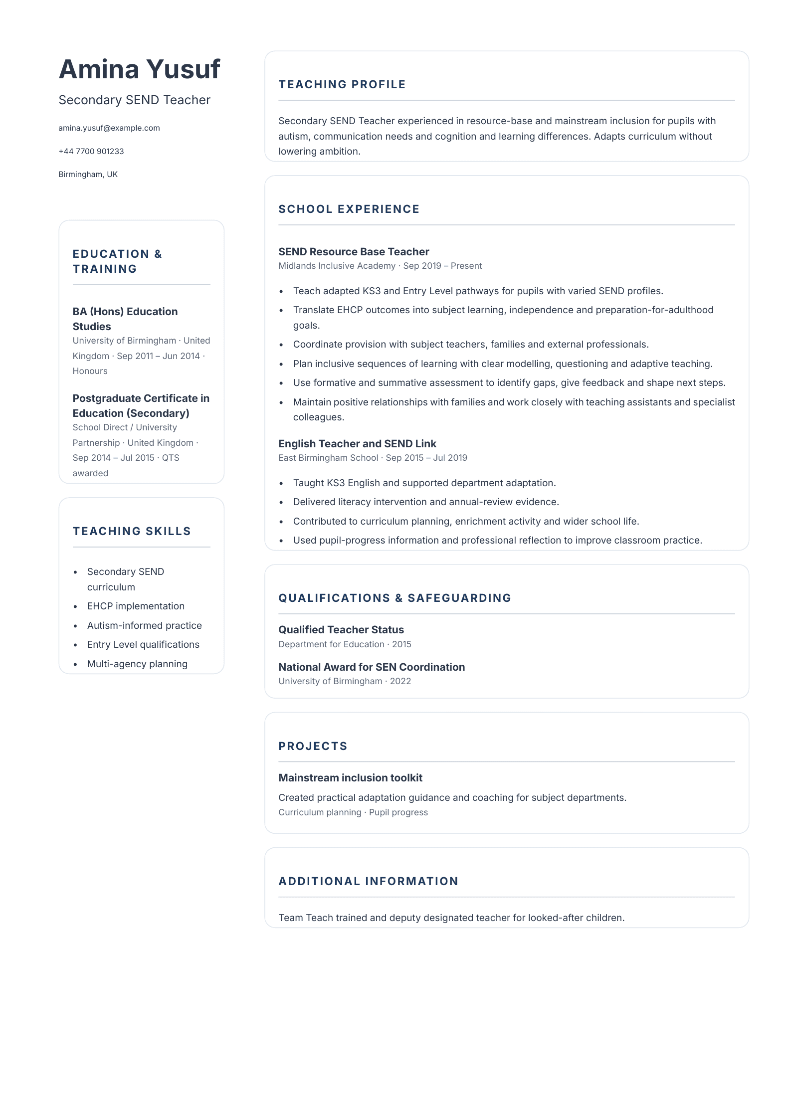 Secondary SEND Teacher CV template