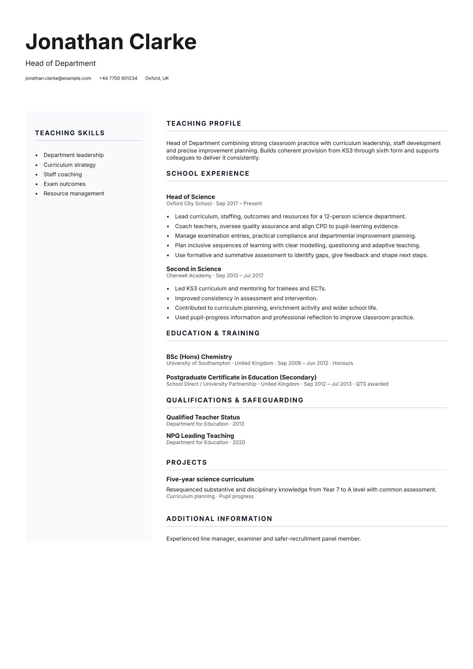 Head of Department CV template