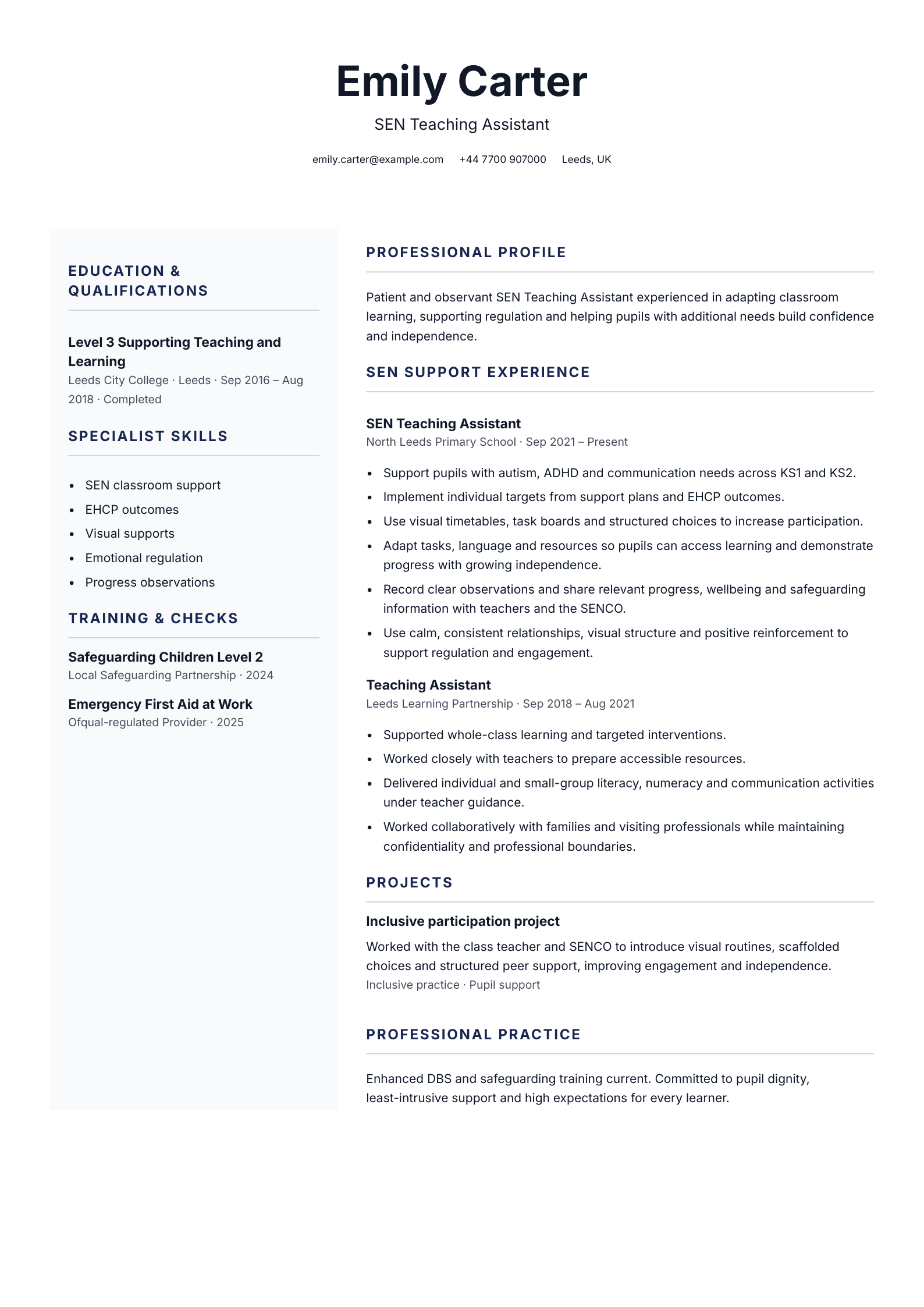 SEN teaching assistant CV