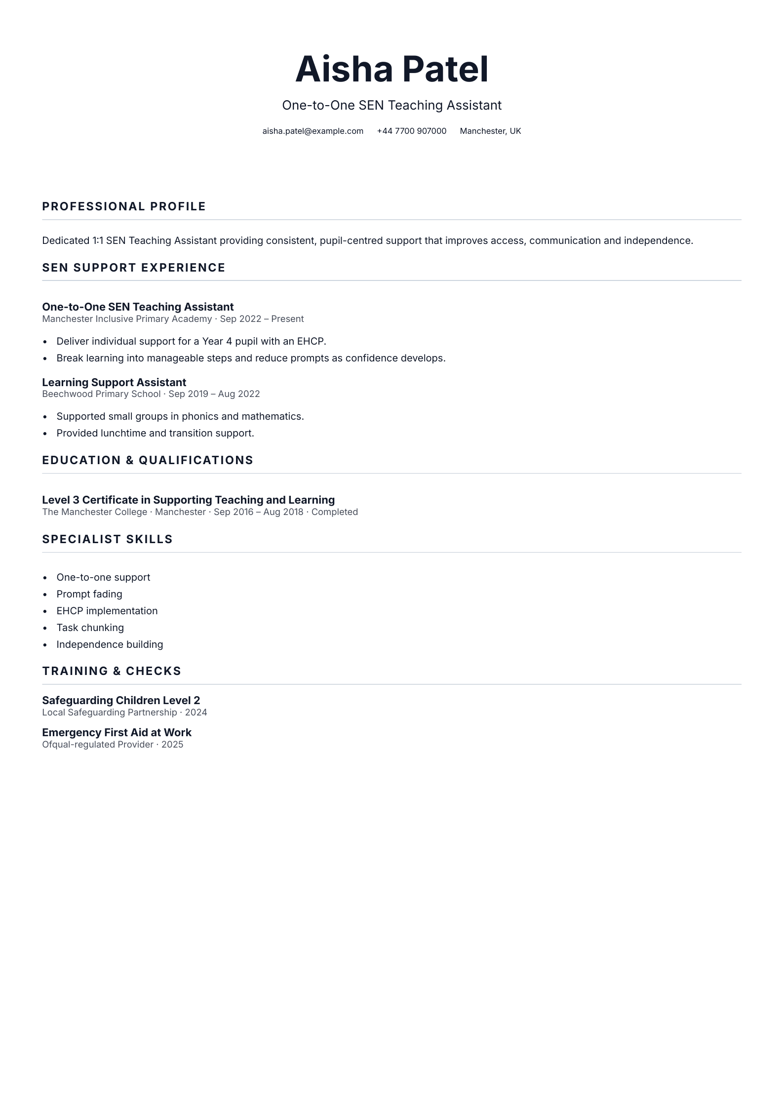 One-to-One SEN Teaching Assistant CV template