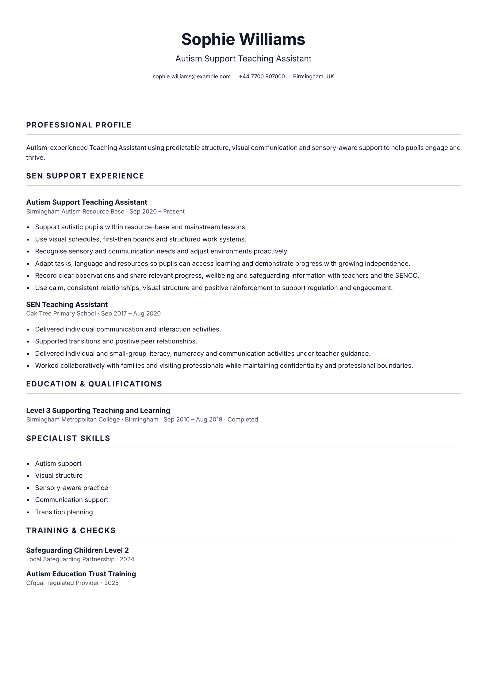 Autism Support Teaching Assistant CV template