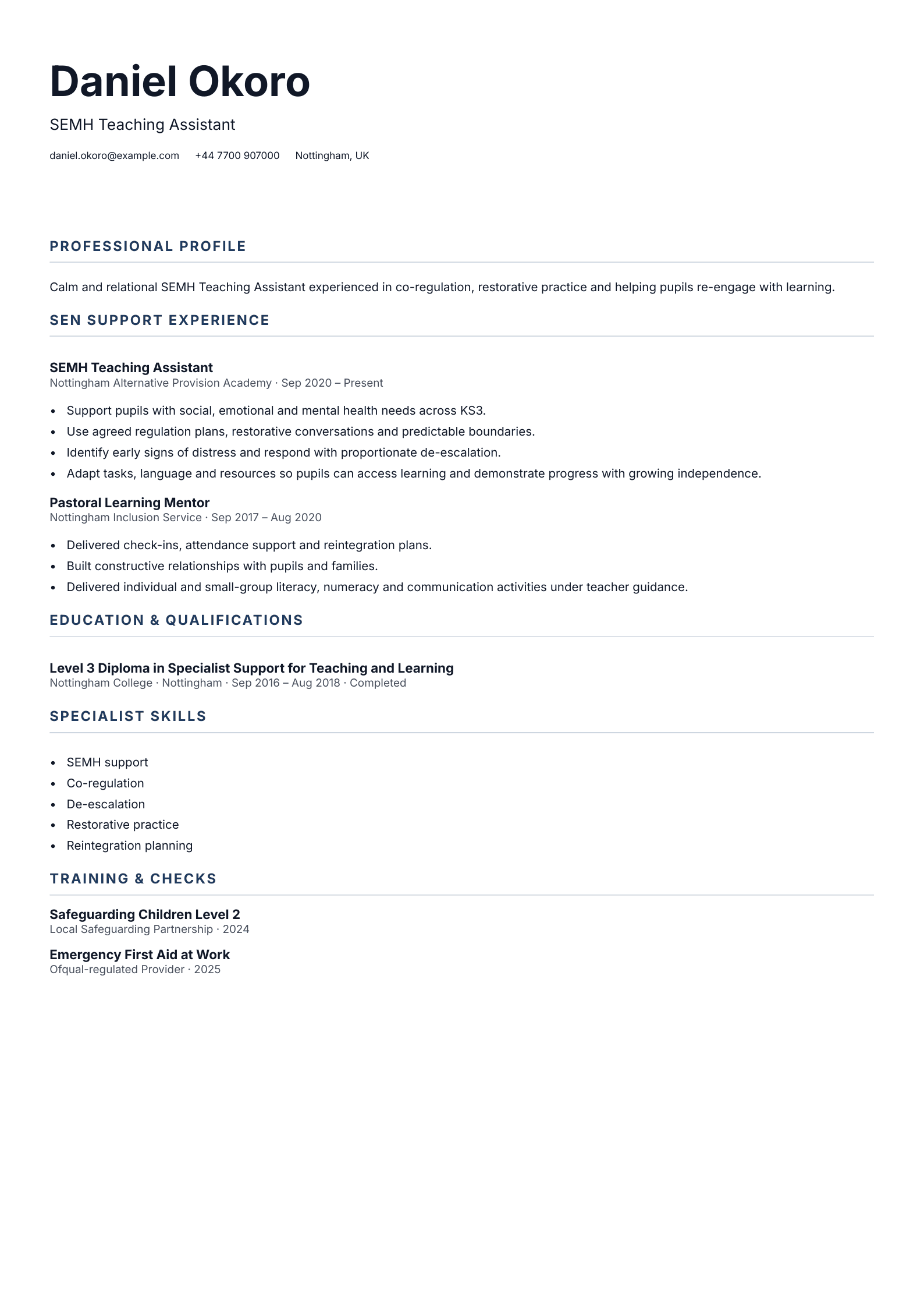 SEMH Teaching Assistant CV template