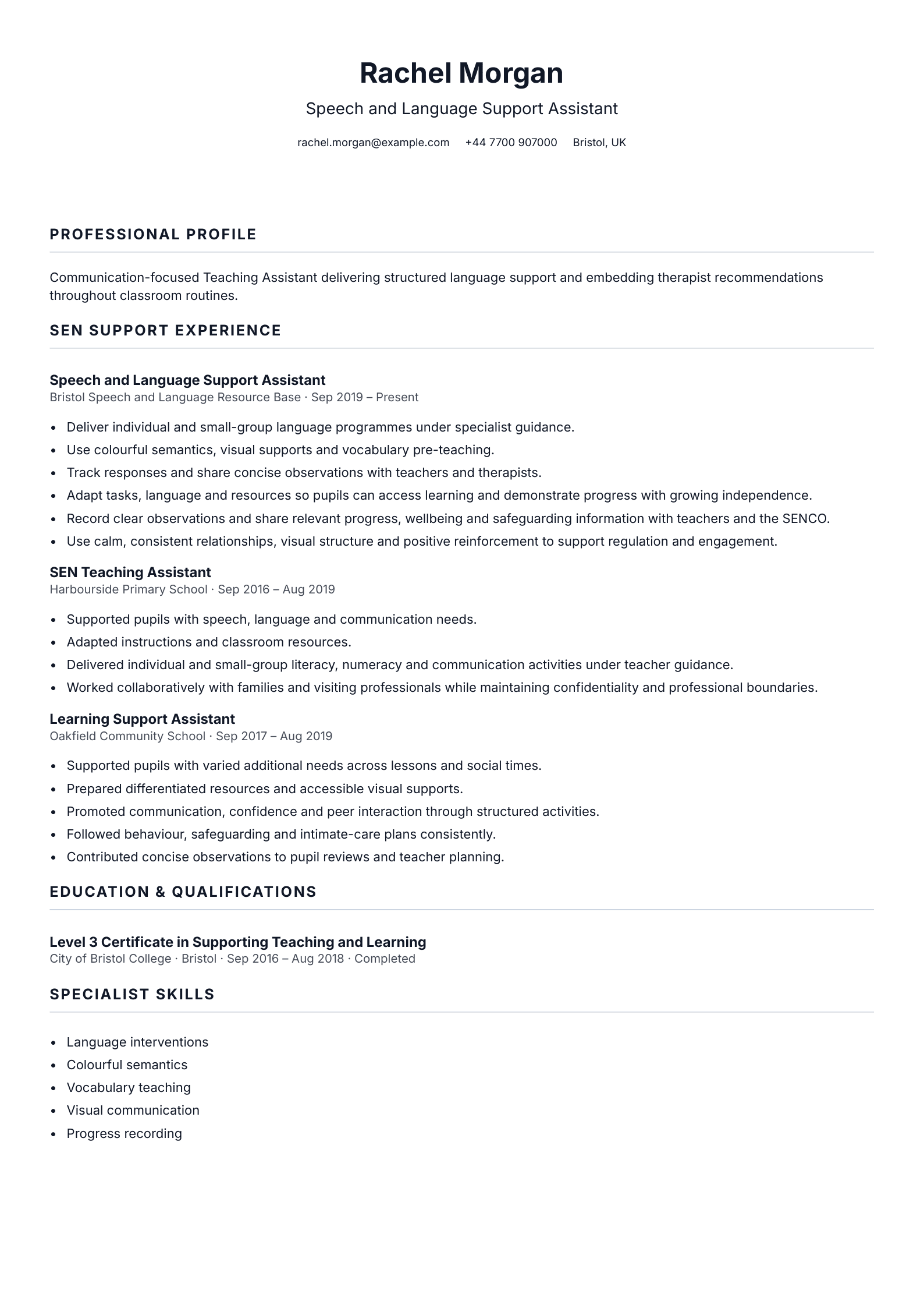 Speech & Language Support Assistant CV template