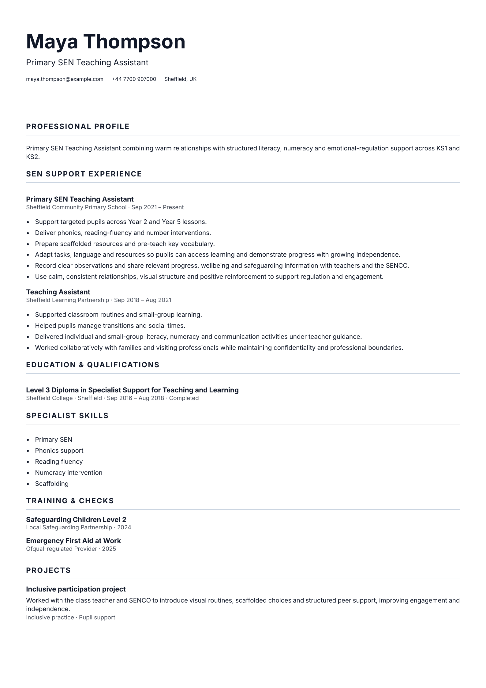 Primary SEN Teaching Assistant CV template