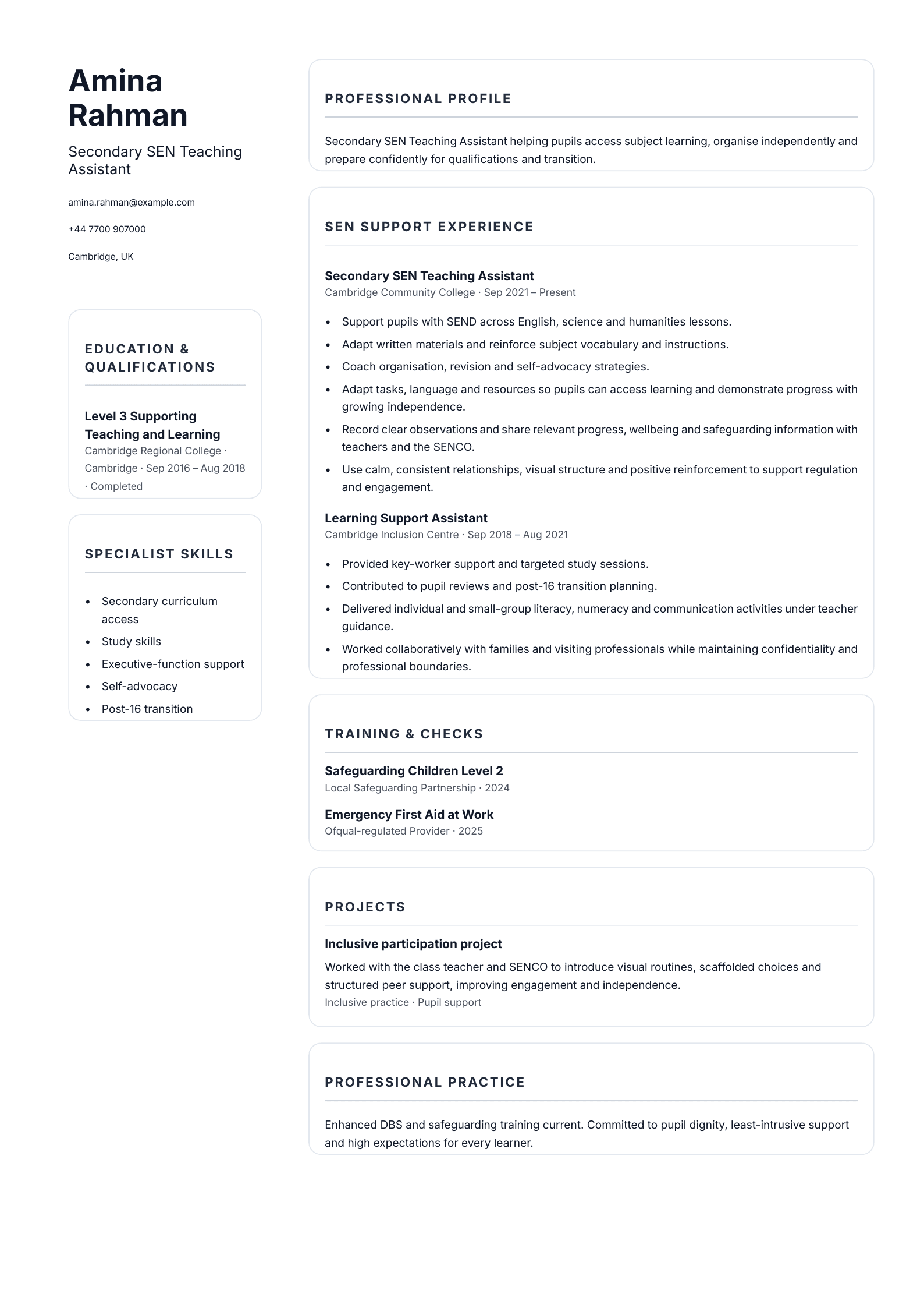 Secondary SEN Teaching Assistant CV template