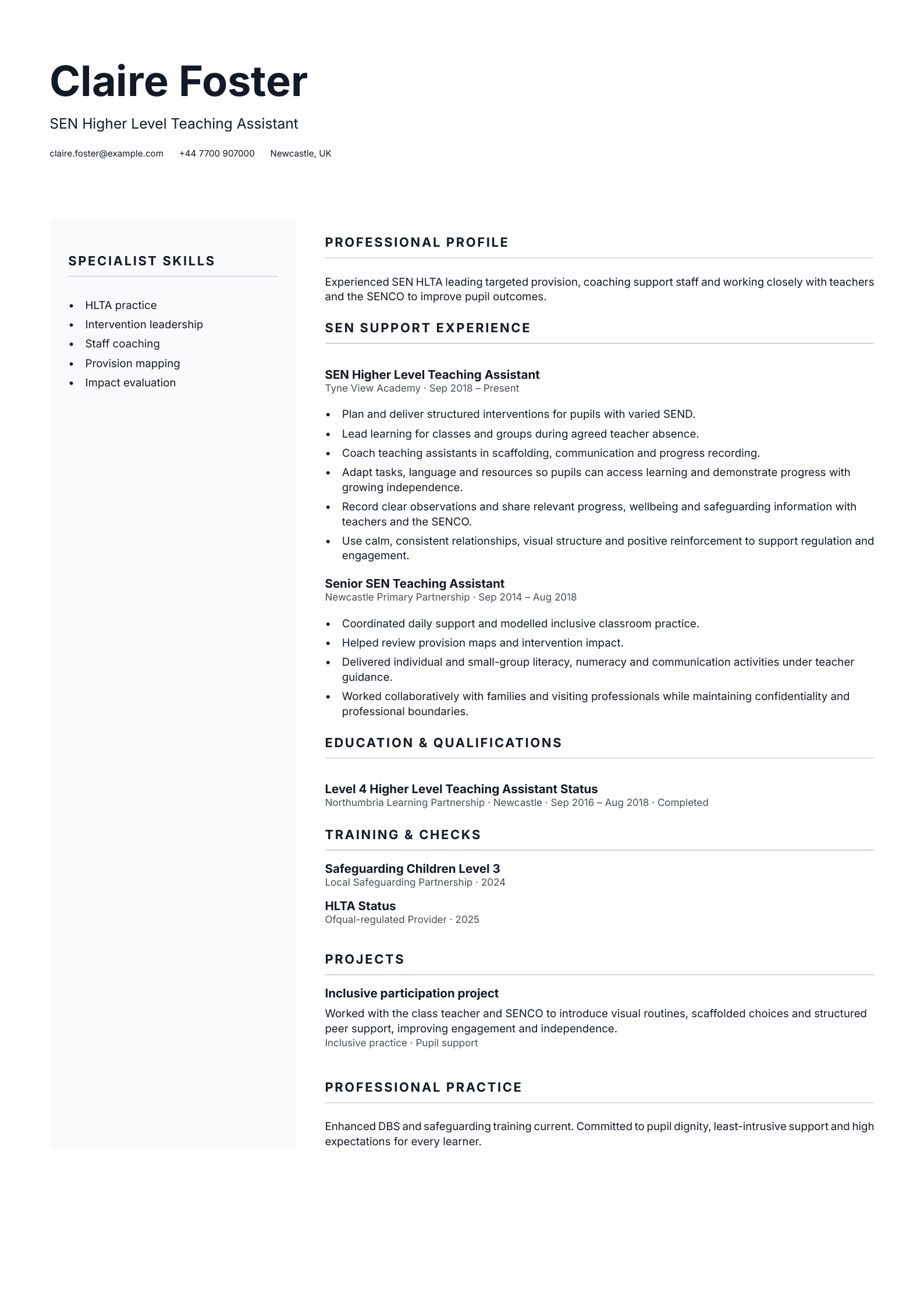 SEN Higher Level Teaching Assistant CV template