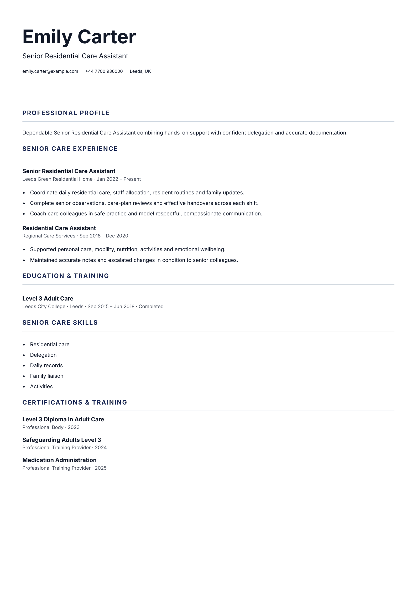 Senior Residential Care Assistant CV template