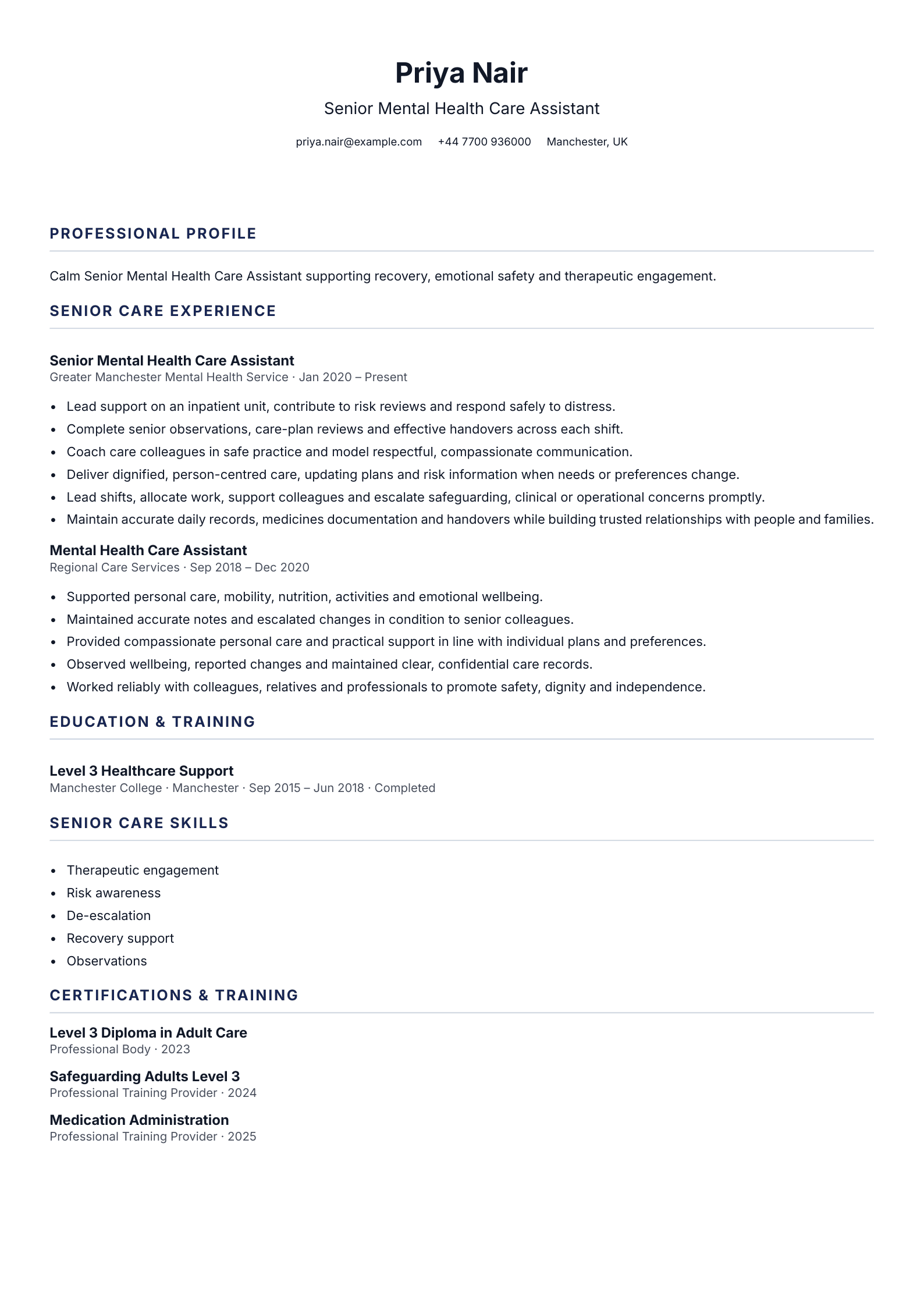 Senior Mental Health Care Assistant CV template