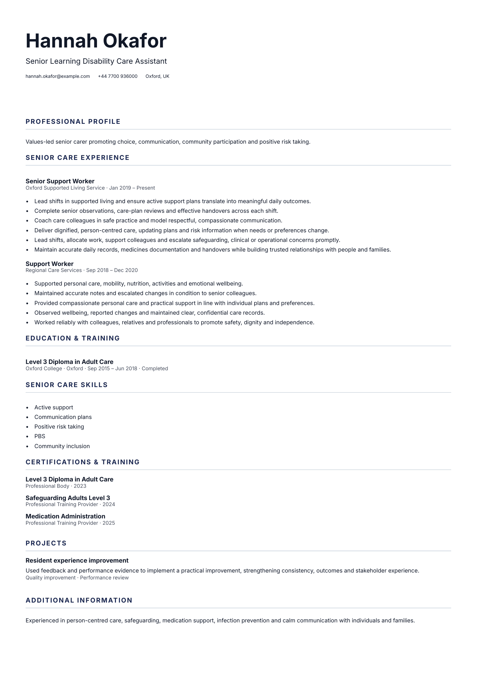 Senior Learning Disability Care Assistant CV template