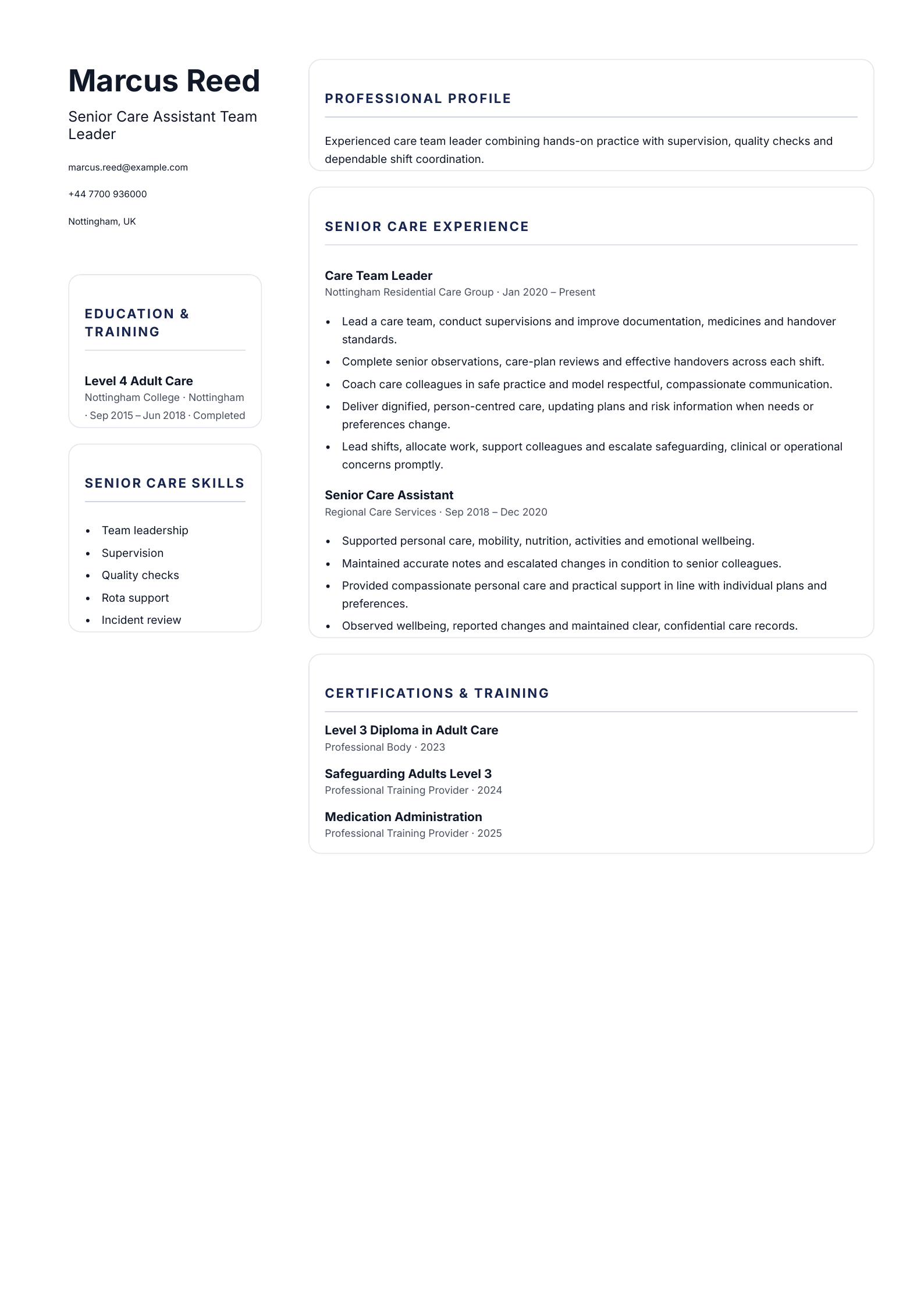 Senior Care Assistant Team Leader CV template