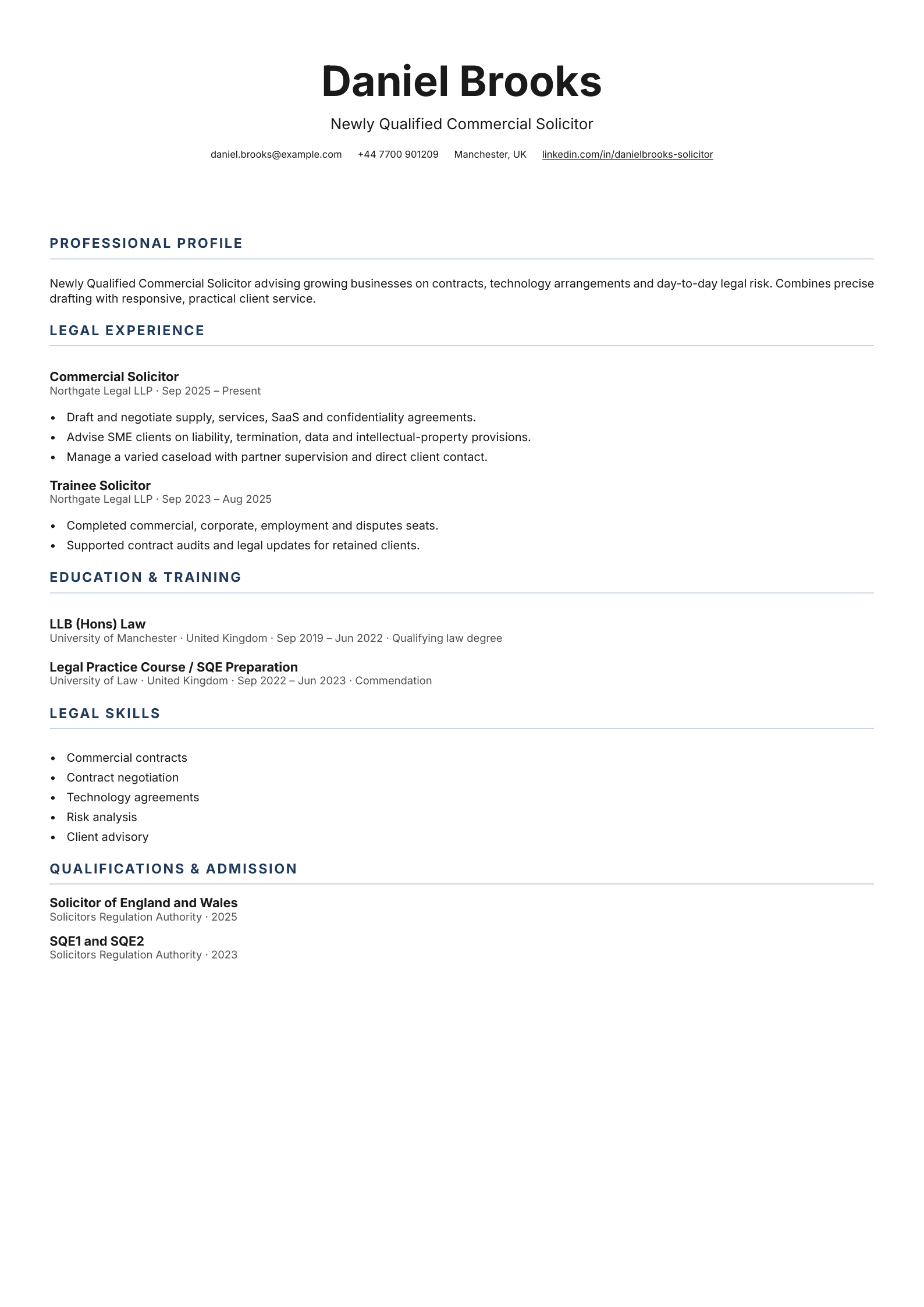 Newly Qualified Solicitor CV template