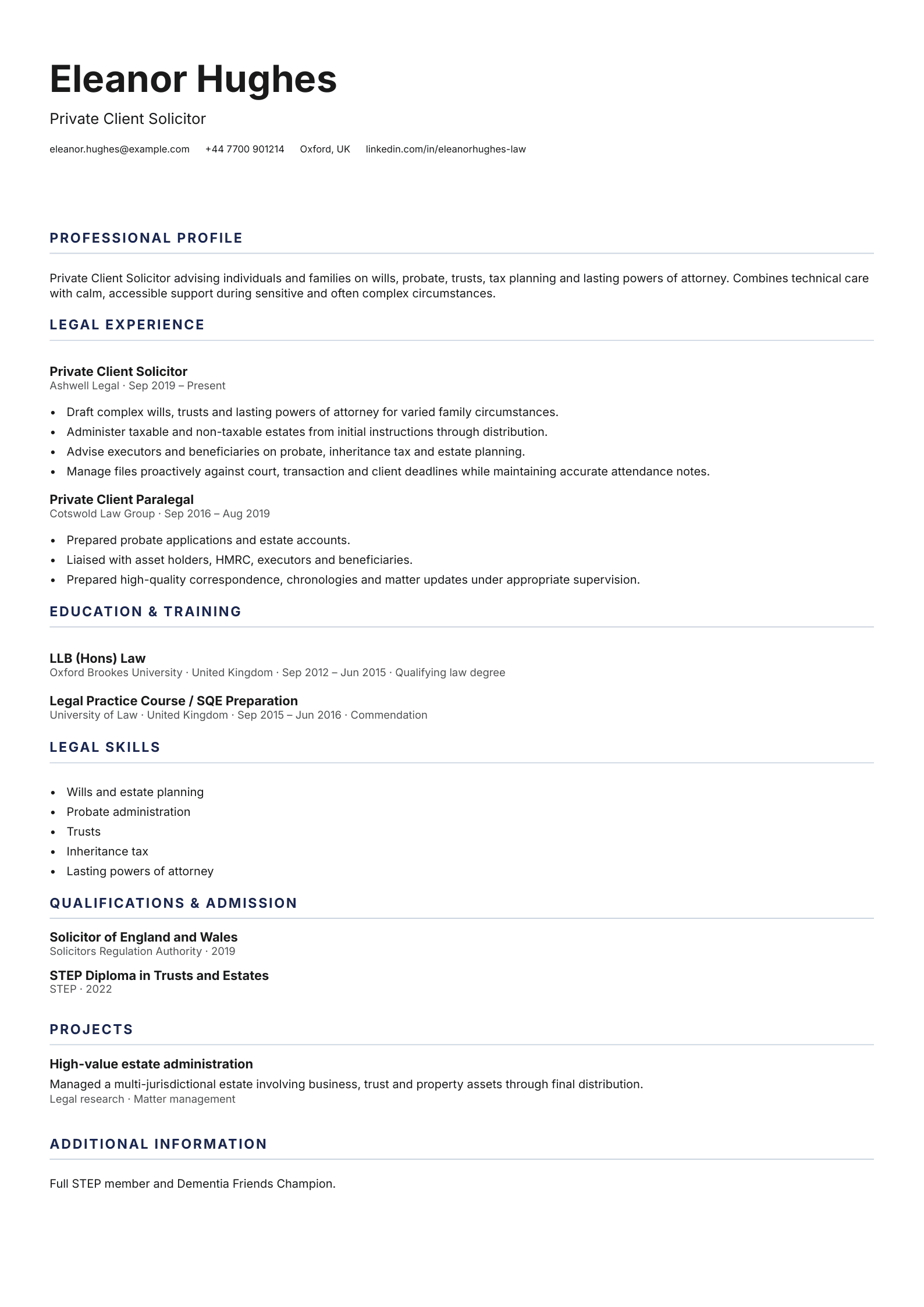 Private Client Solicitor CV template