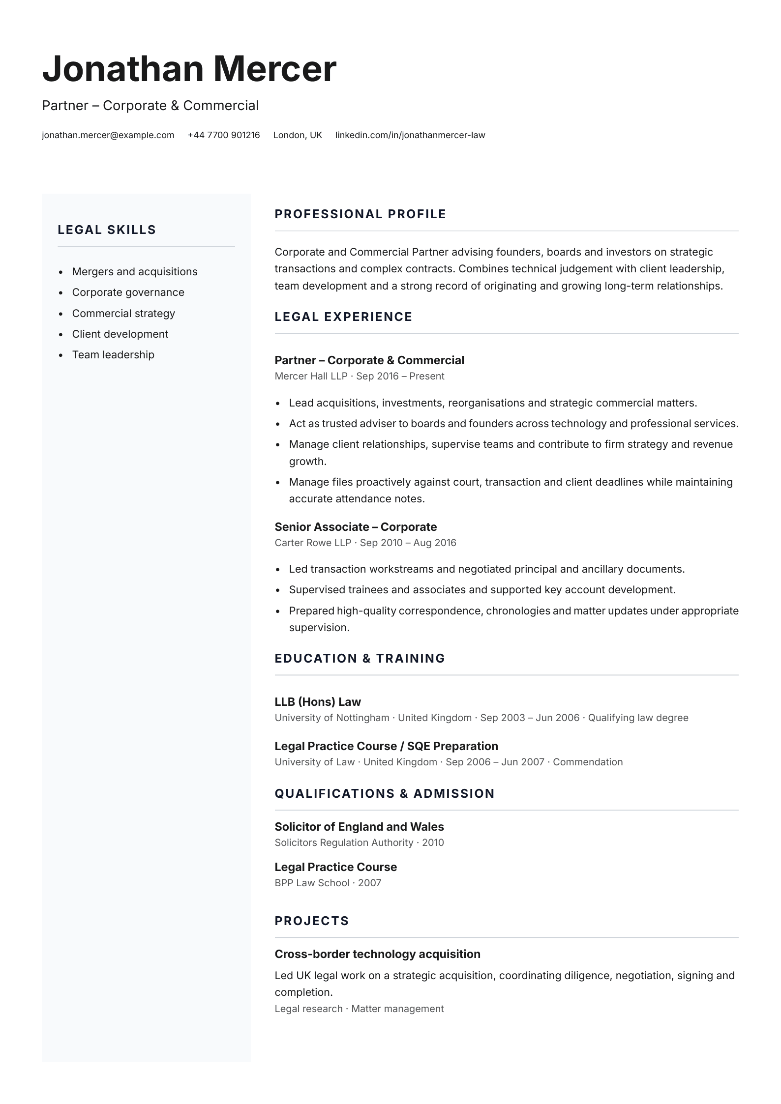 Partner – Corporate & Commercial CV template