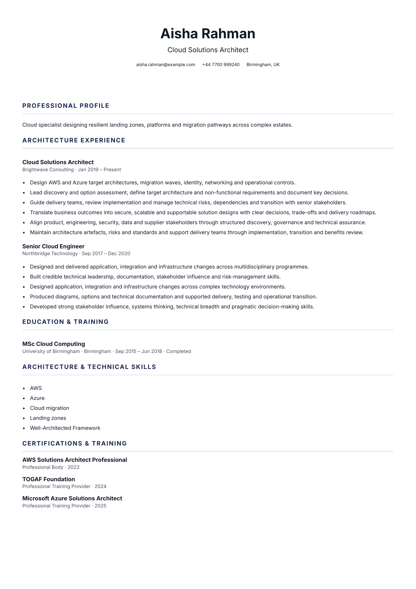 Cloud Solutions Architect CV template