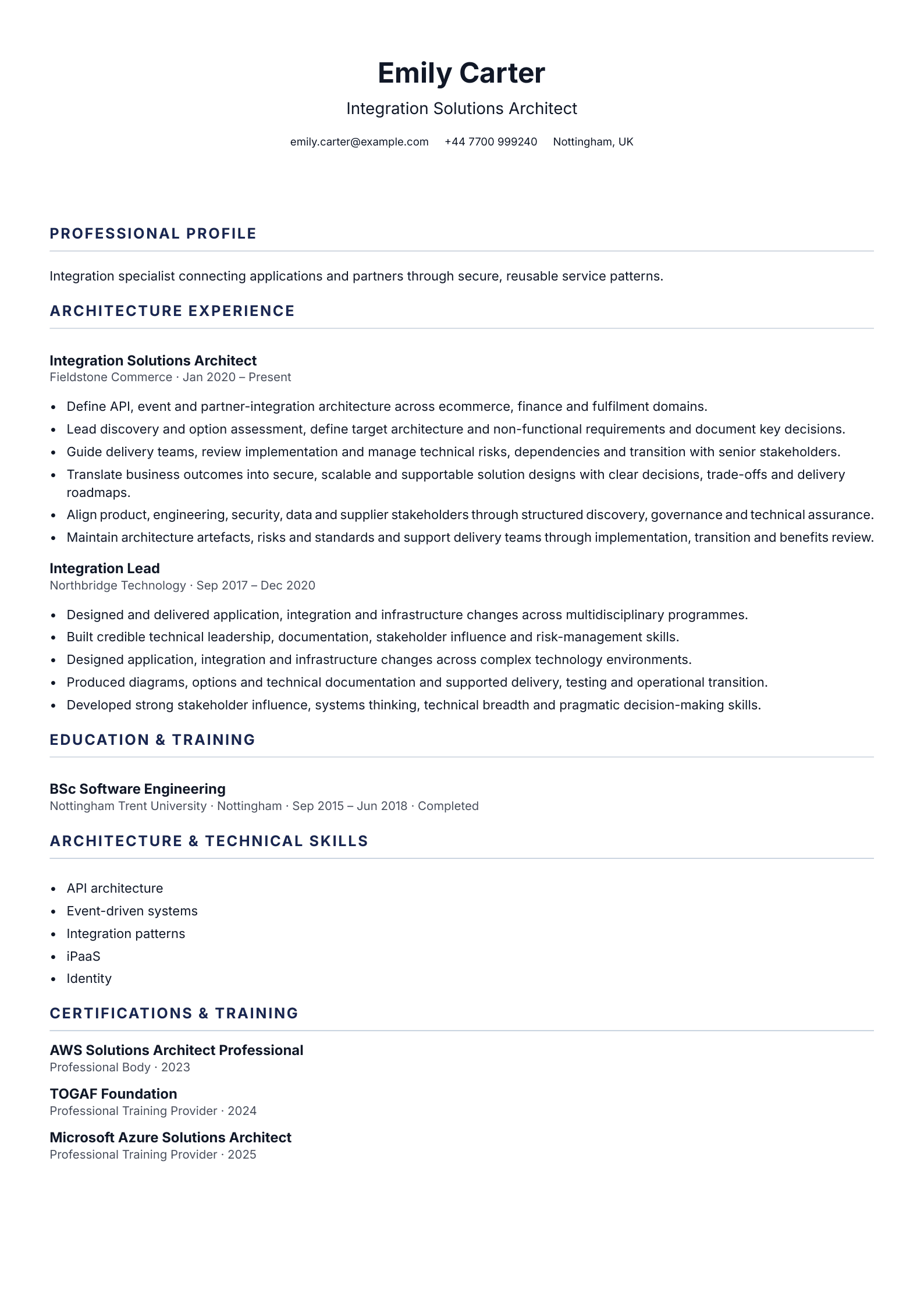 Integration Solutions Architect CV template