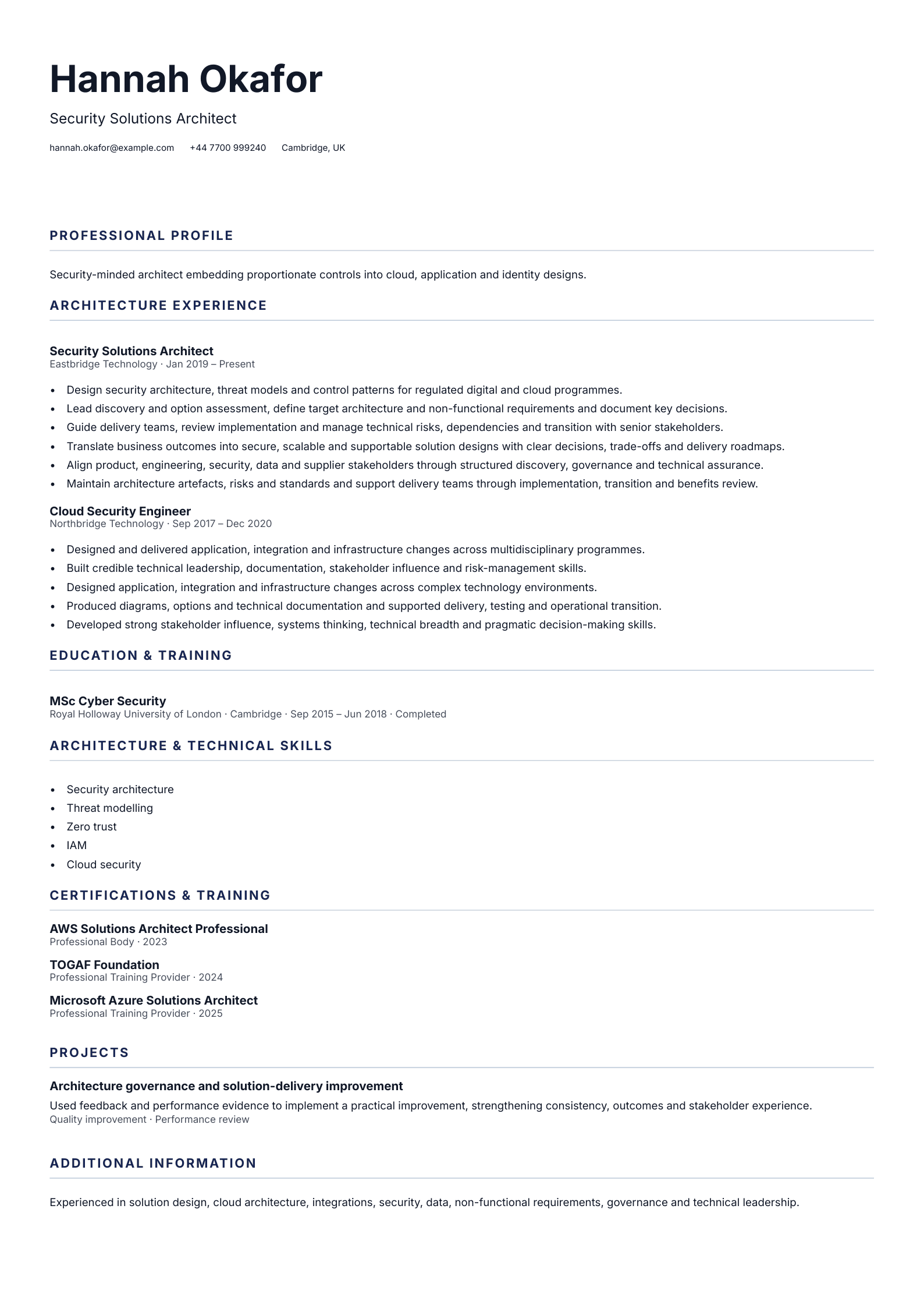 Security Solutions Architect CV template