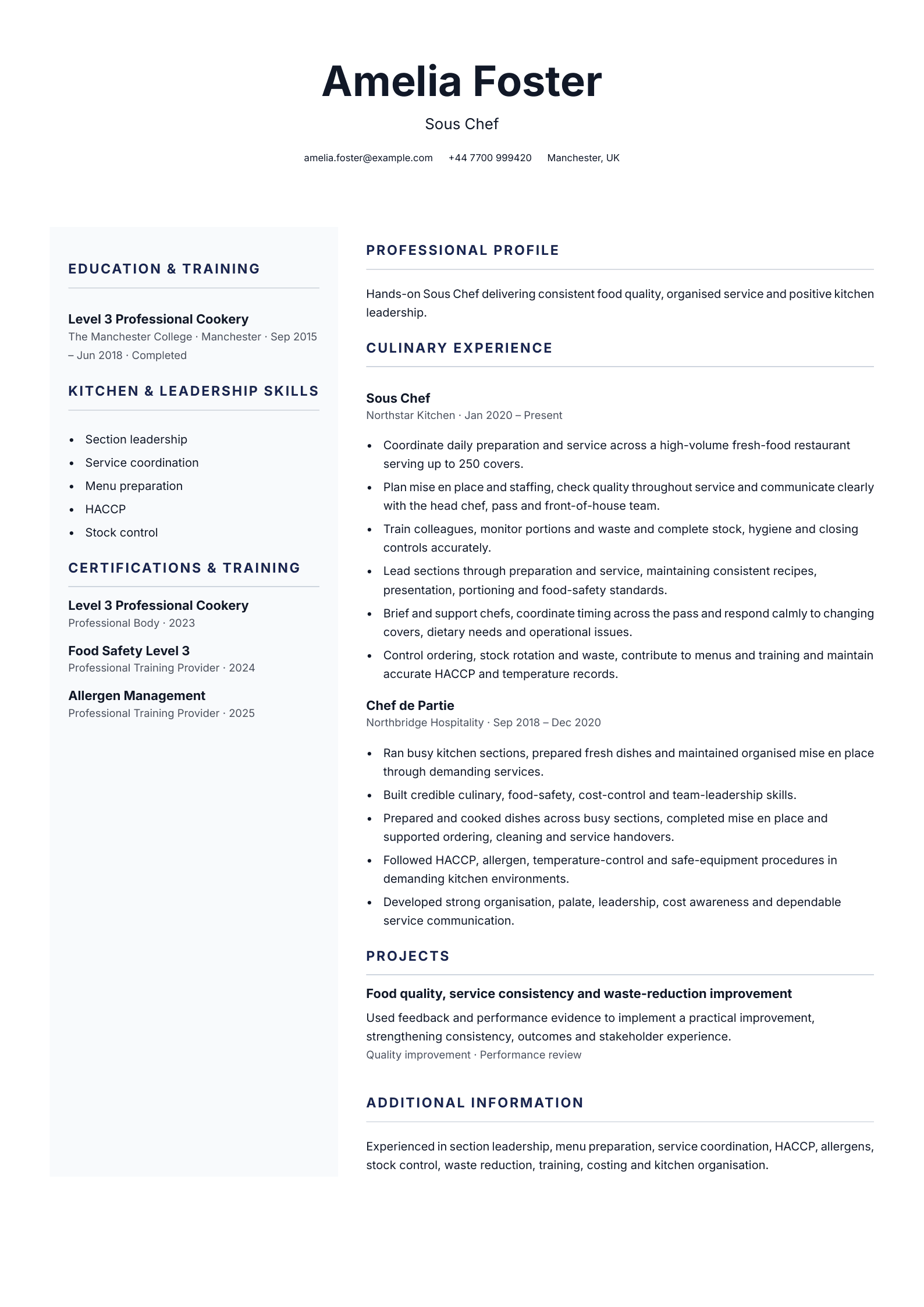 Sous chef CV