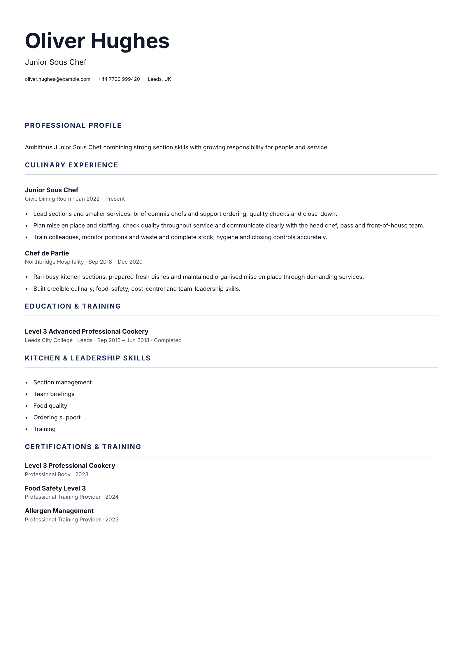 Junior Sous Chef CV template
