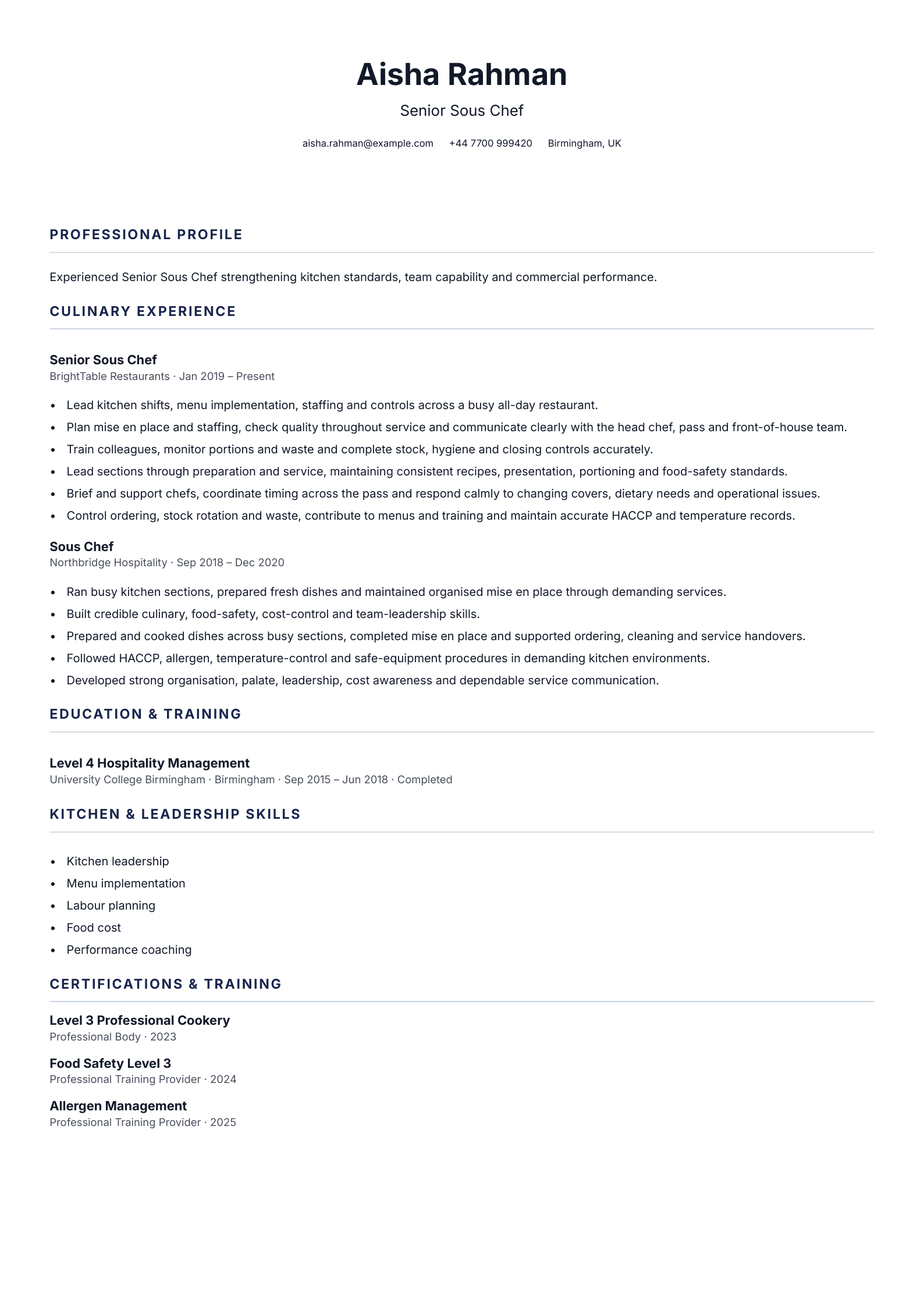 Senior Sous Chef CV template