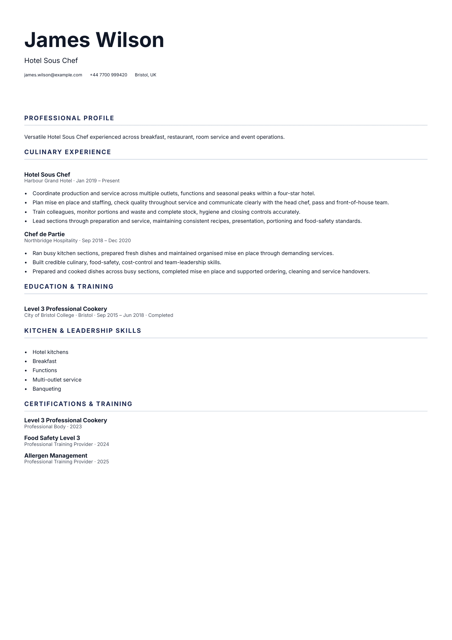 Hotel Sous Chef CV template