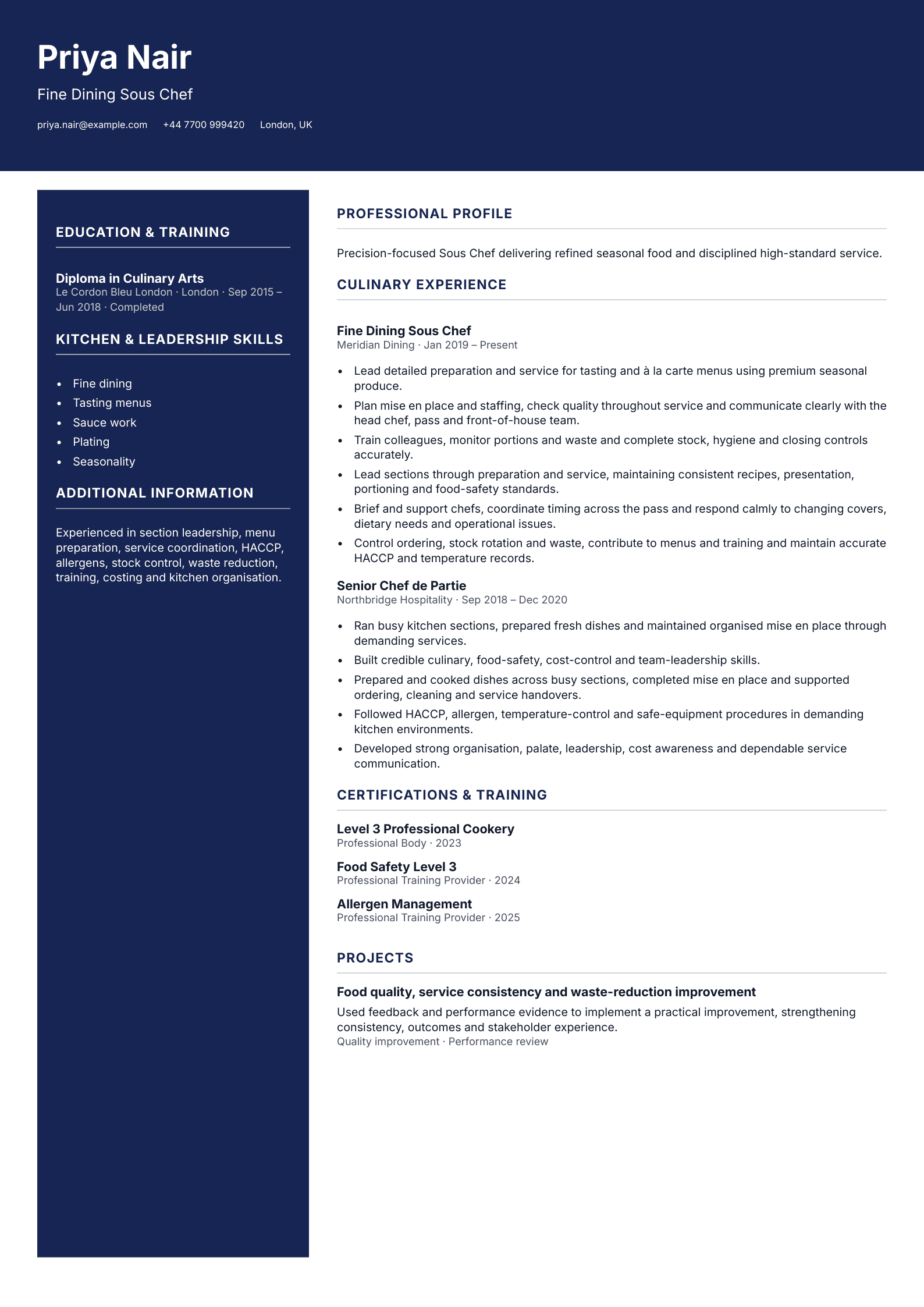 Fine Dining Sous Chef CV template