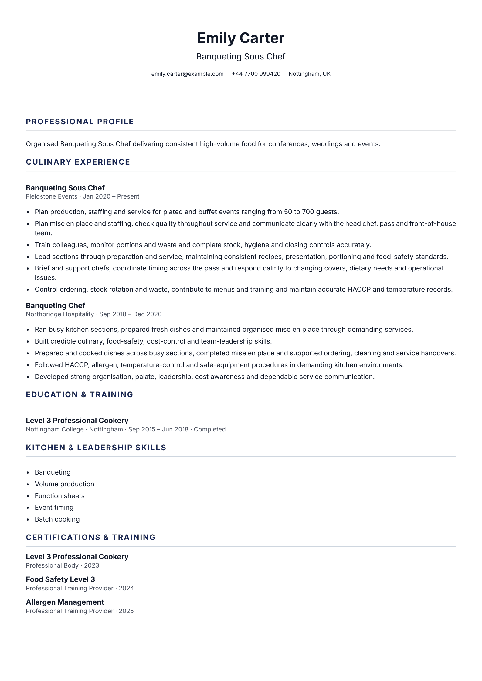 Banqueting Sous Chef CV template