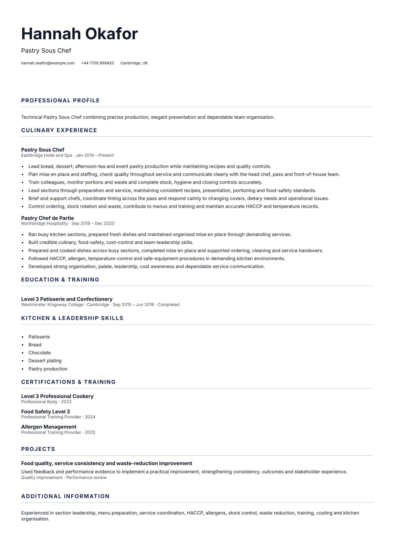 Pastry Sous Chef CV template