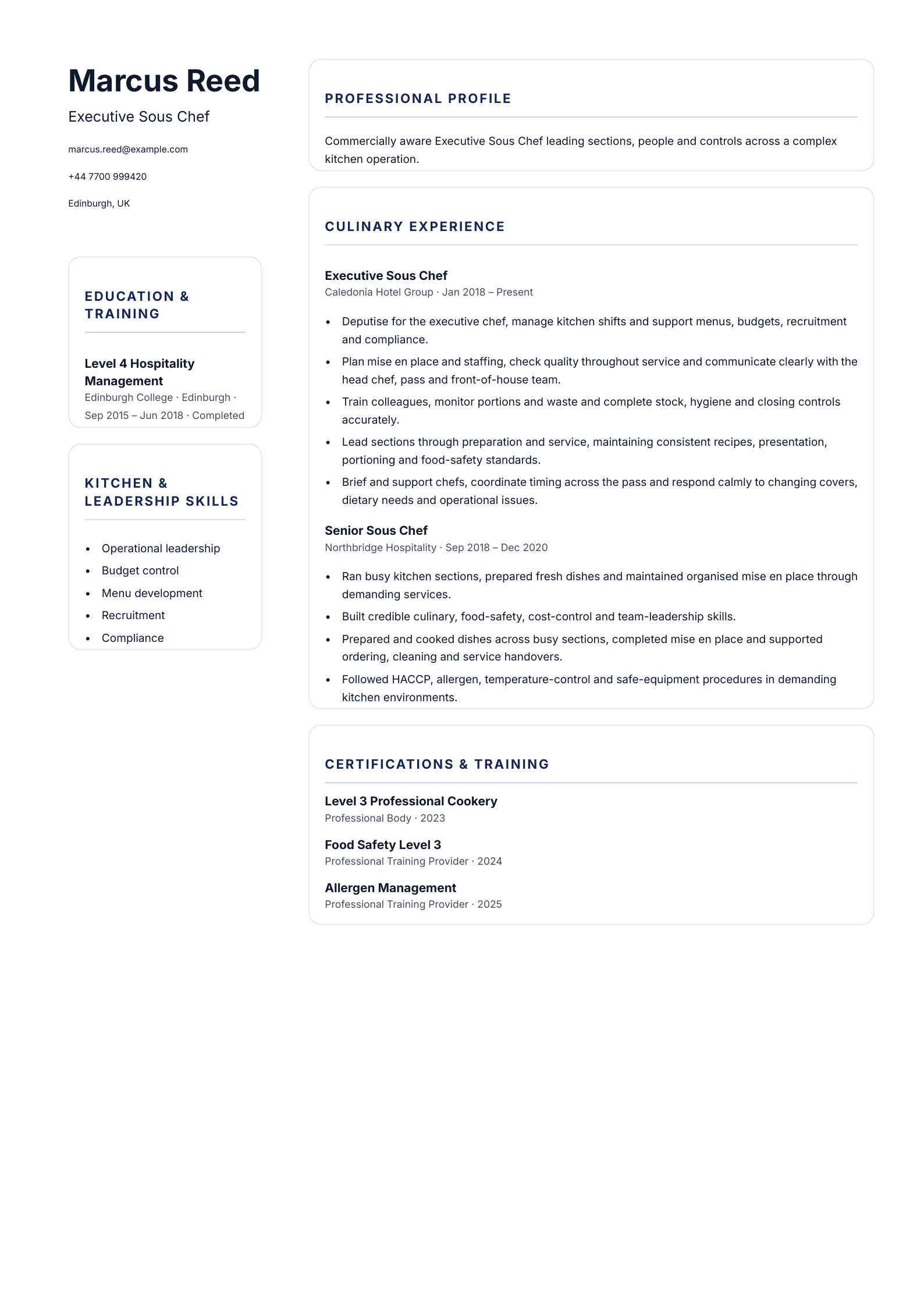 Executive Sous Chef CV template