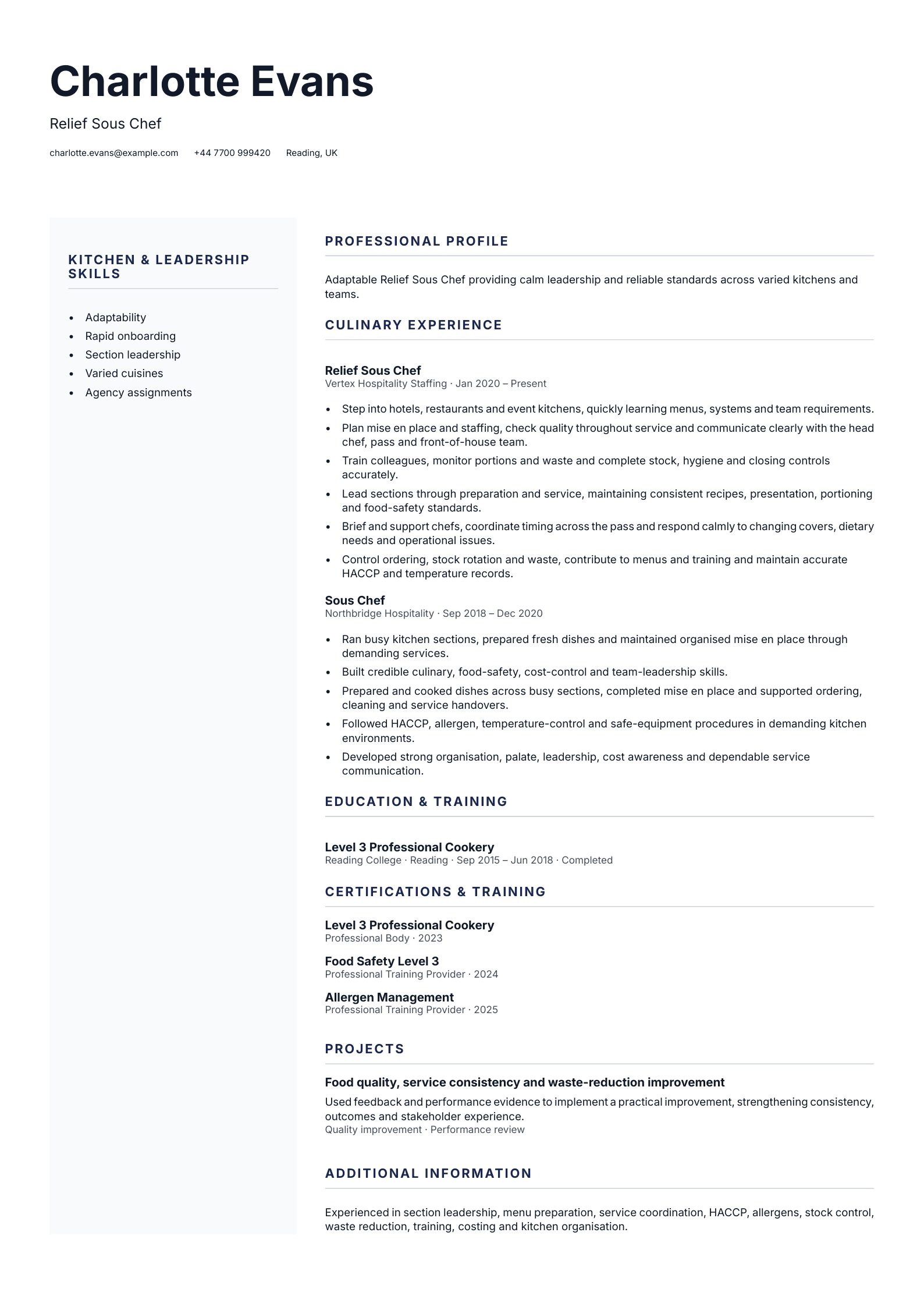 Relief Sous Chef CV template