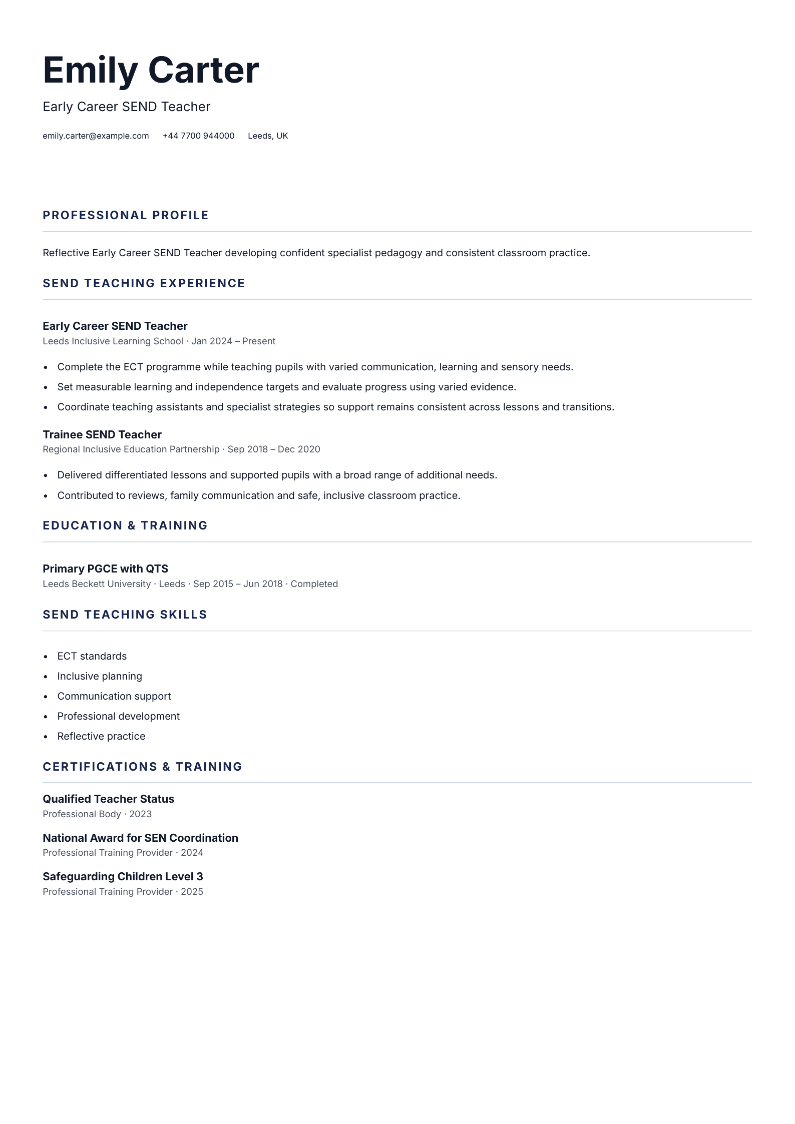 Early Career SEND Teacher CV template