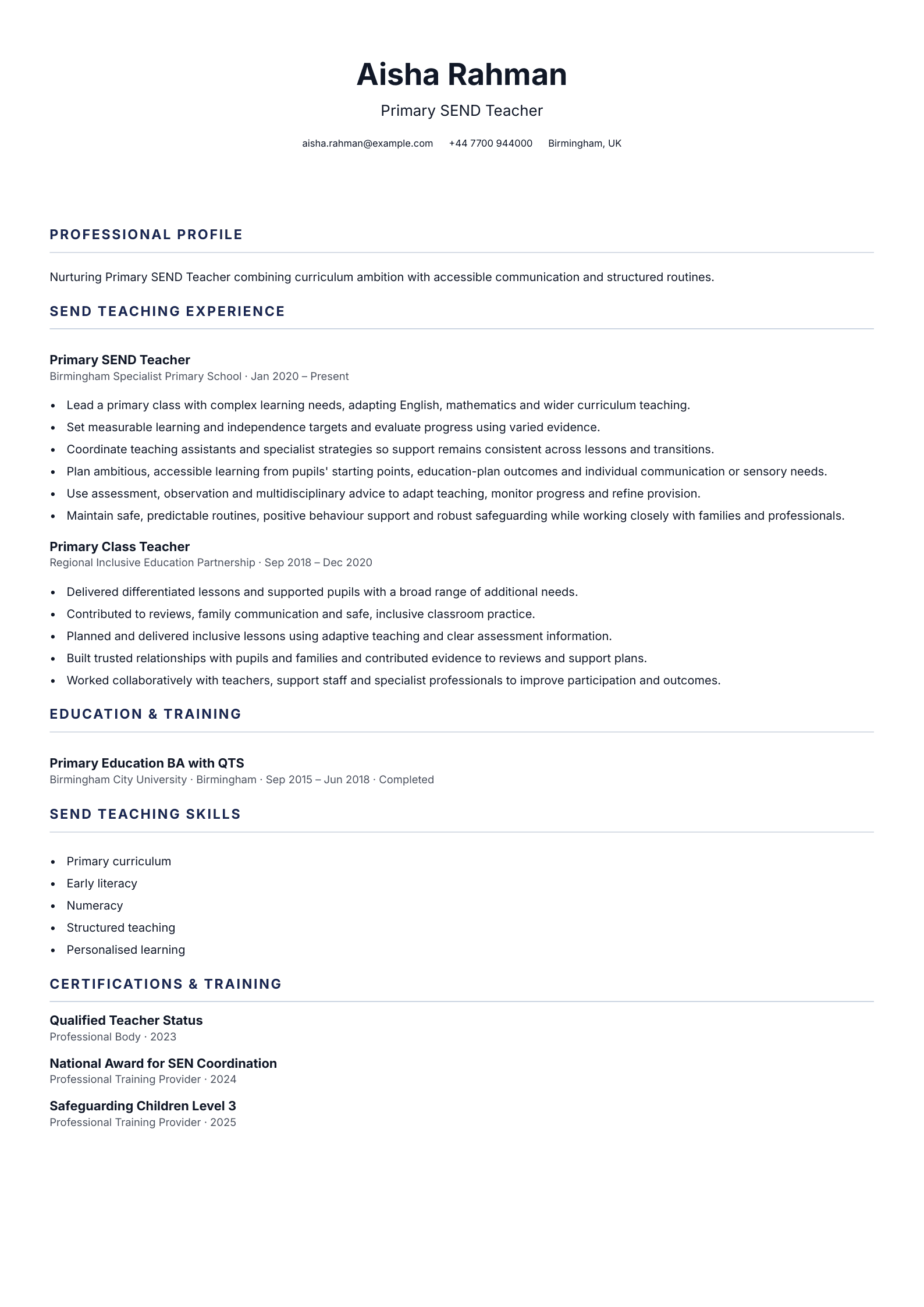 Primary SEND Teacher CV template