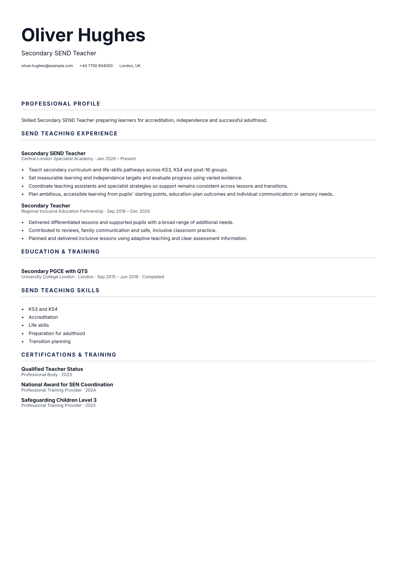 Secondary SEND Teacher CV template