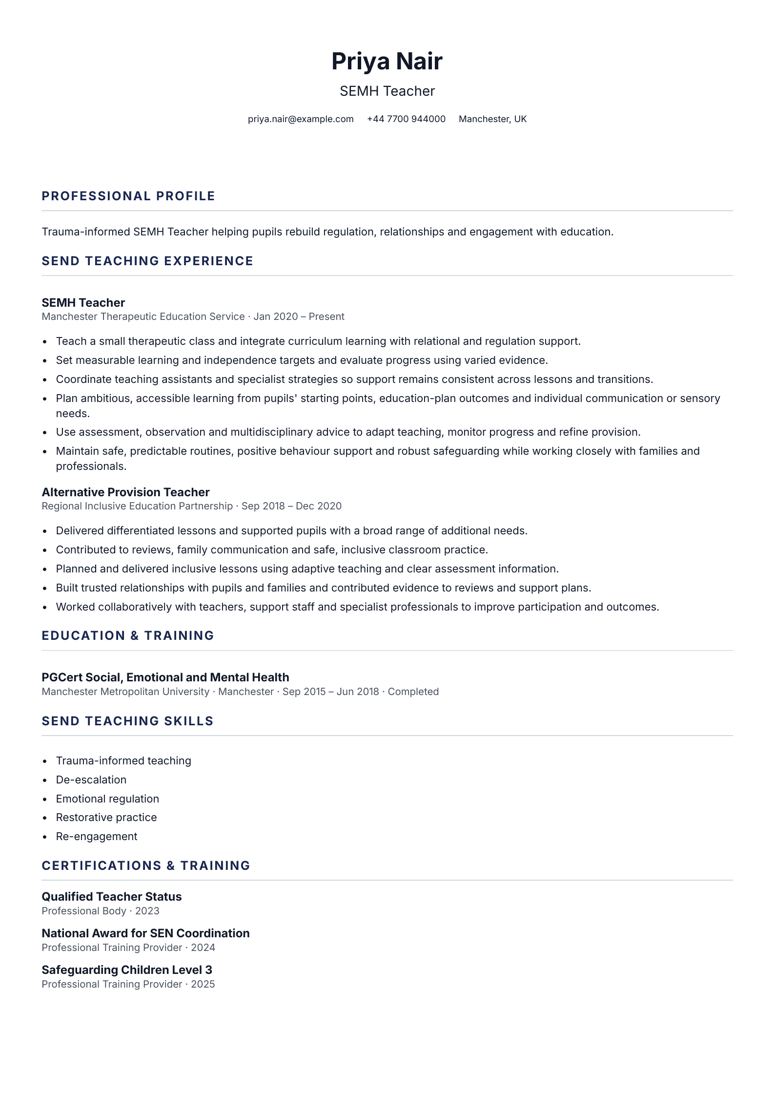 SEMH Teacher CV template