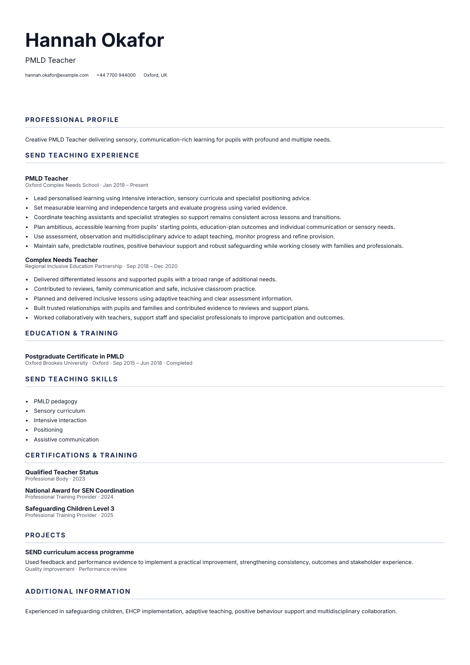 PMLD Teacher CV template