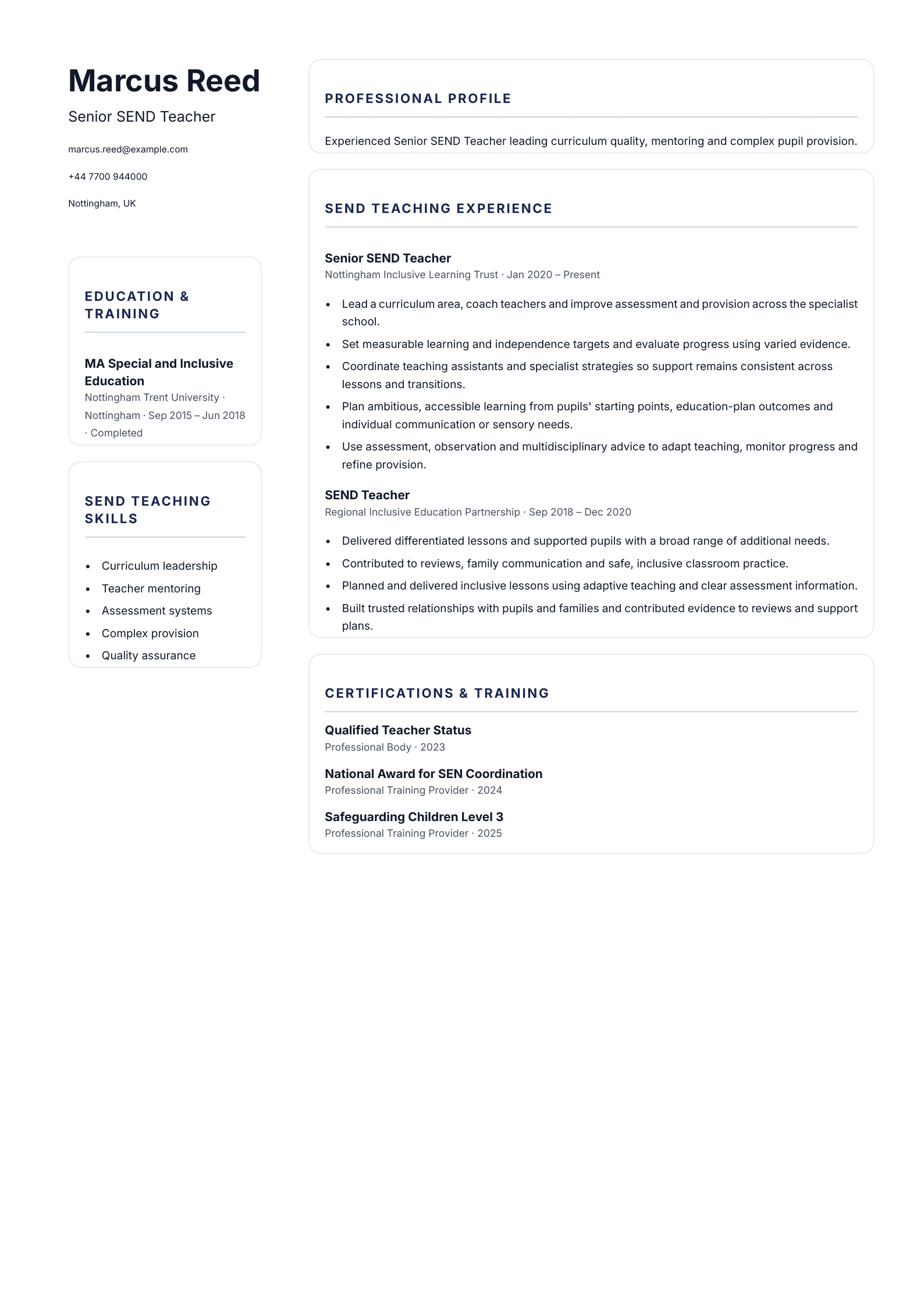 Senior SEND Teacher CV template