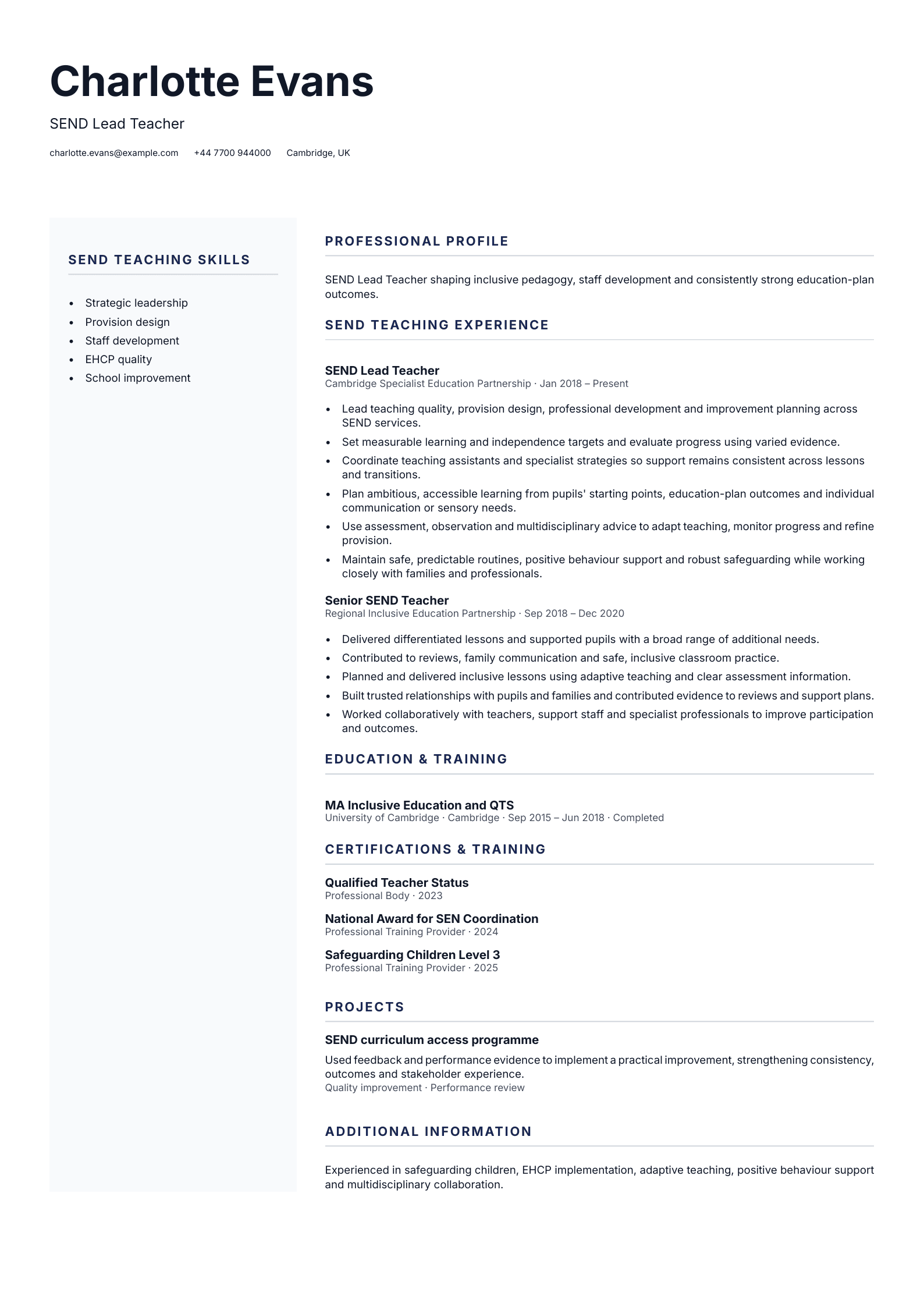 SEND Lead Teacher CV template