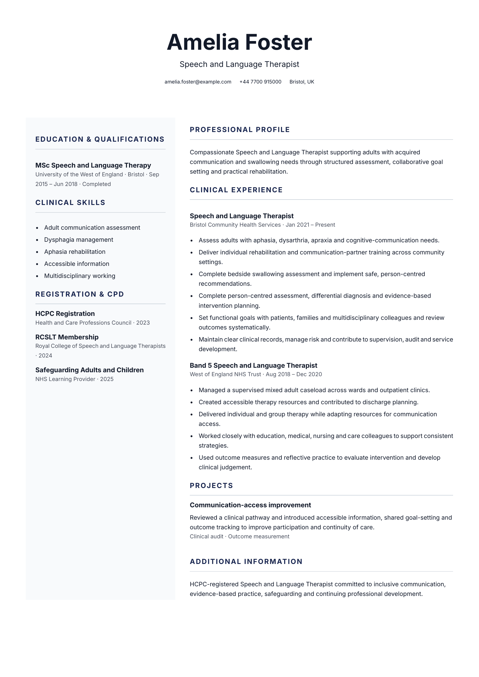 Speech and language therapist CV