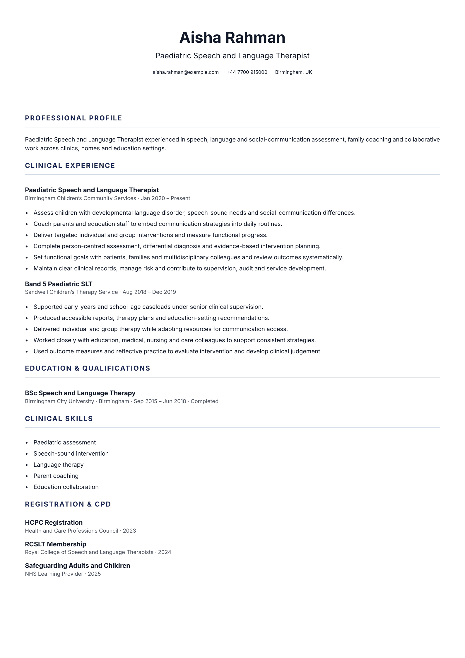 Paediatric Speech and Language Therapist CV template