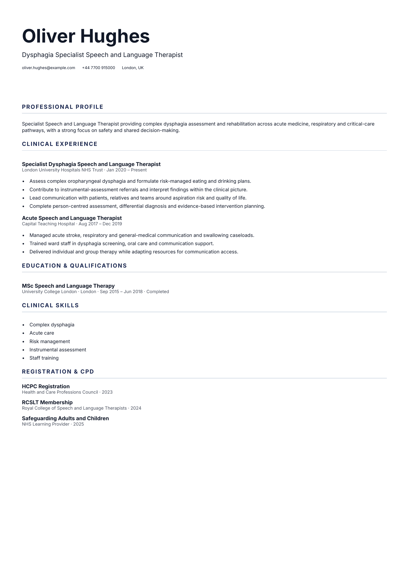 Dysphagia Specialist CV template