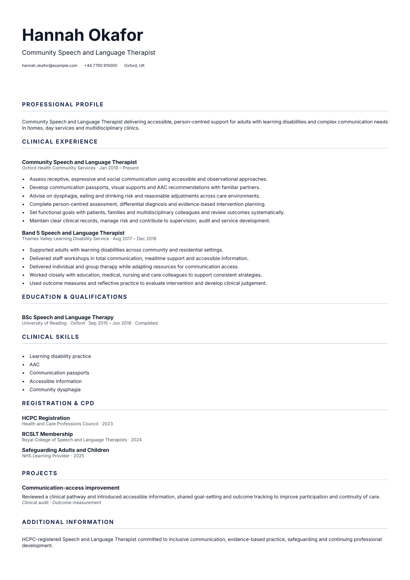 Community Speech and Language Therapist CV template
